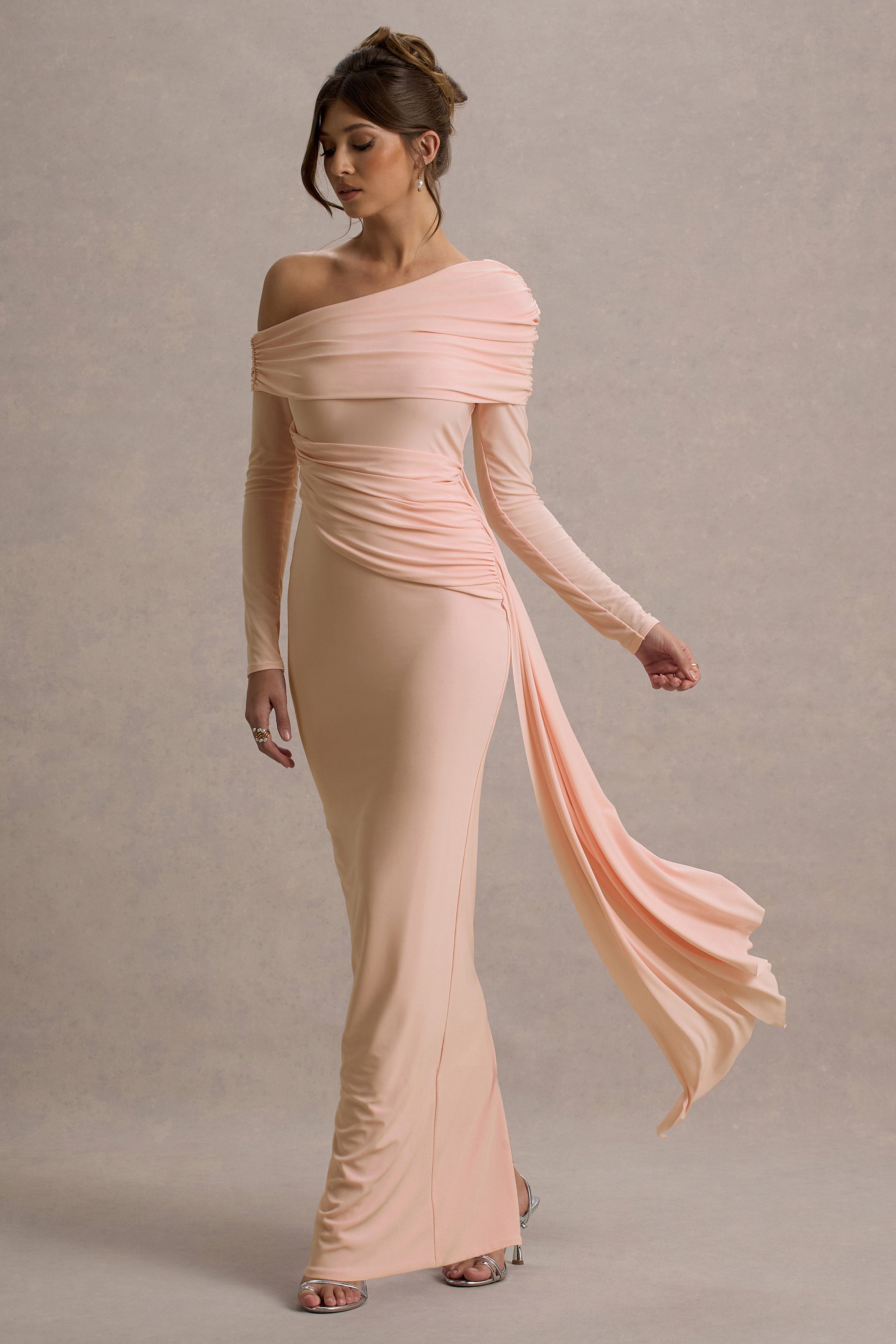 Valina Pink Ruched Asymmetric Maxi Dress With Drape