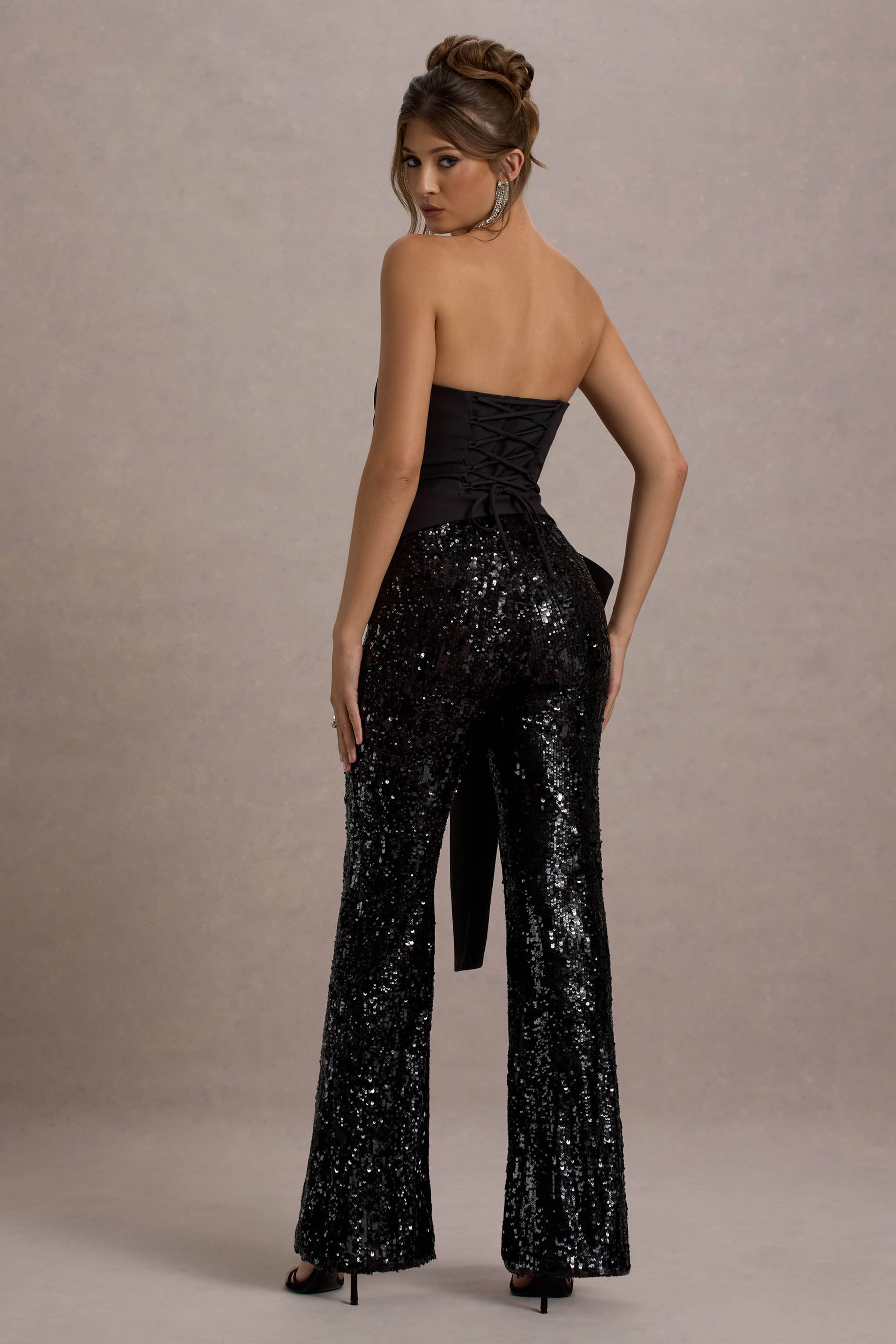Bianco Black Sequin Strapless Flared-Leg Jumpsuit With Drape