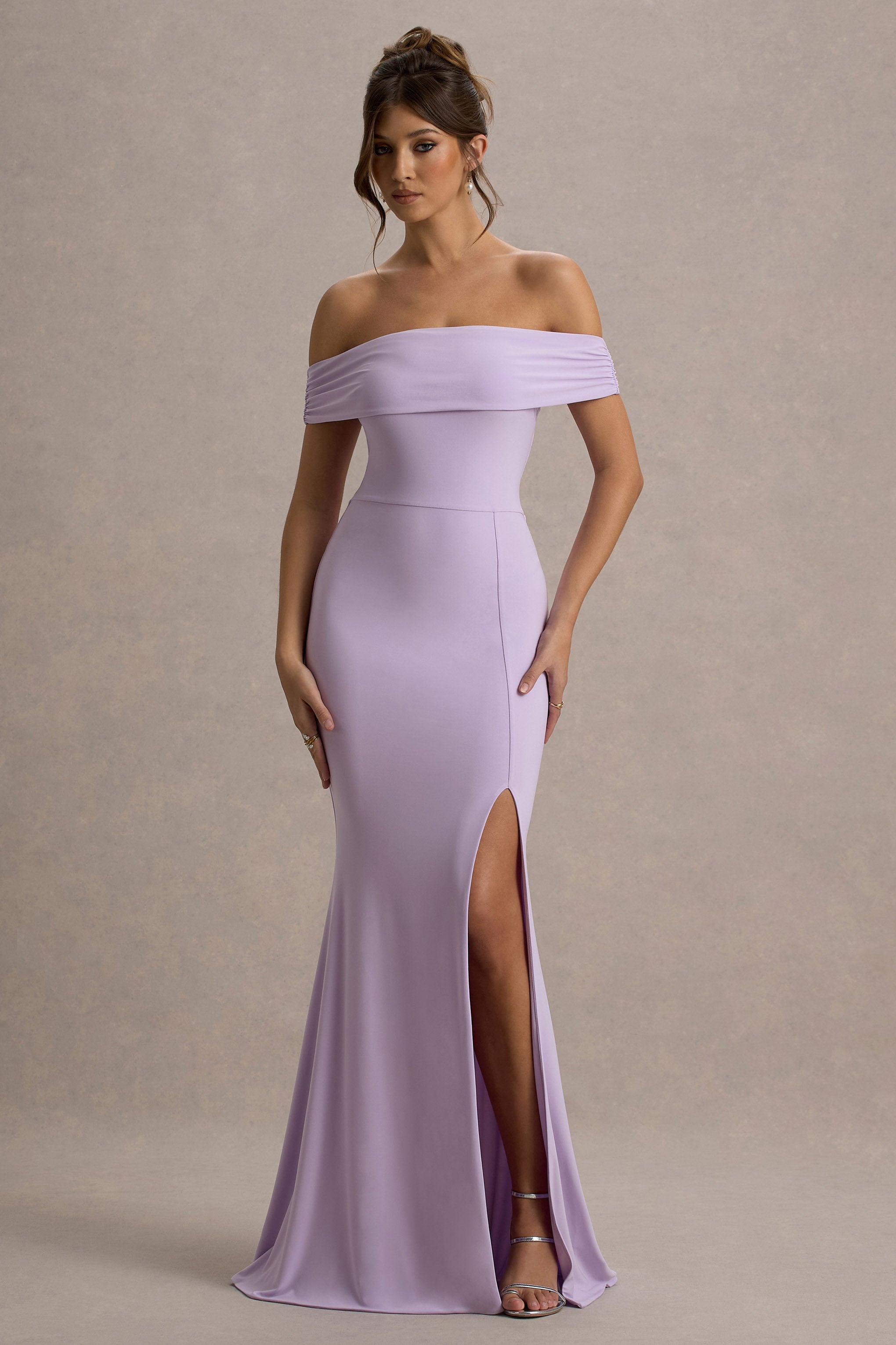 Law of Attraction Lilac Bardot Draped Split Maxi Dress