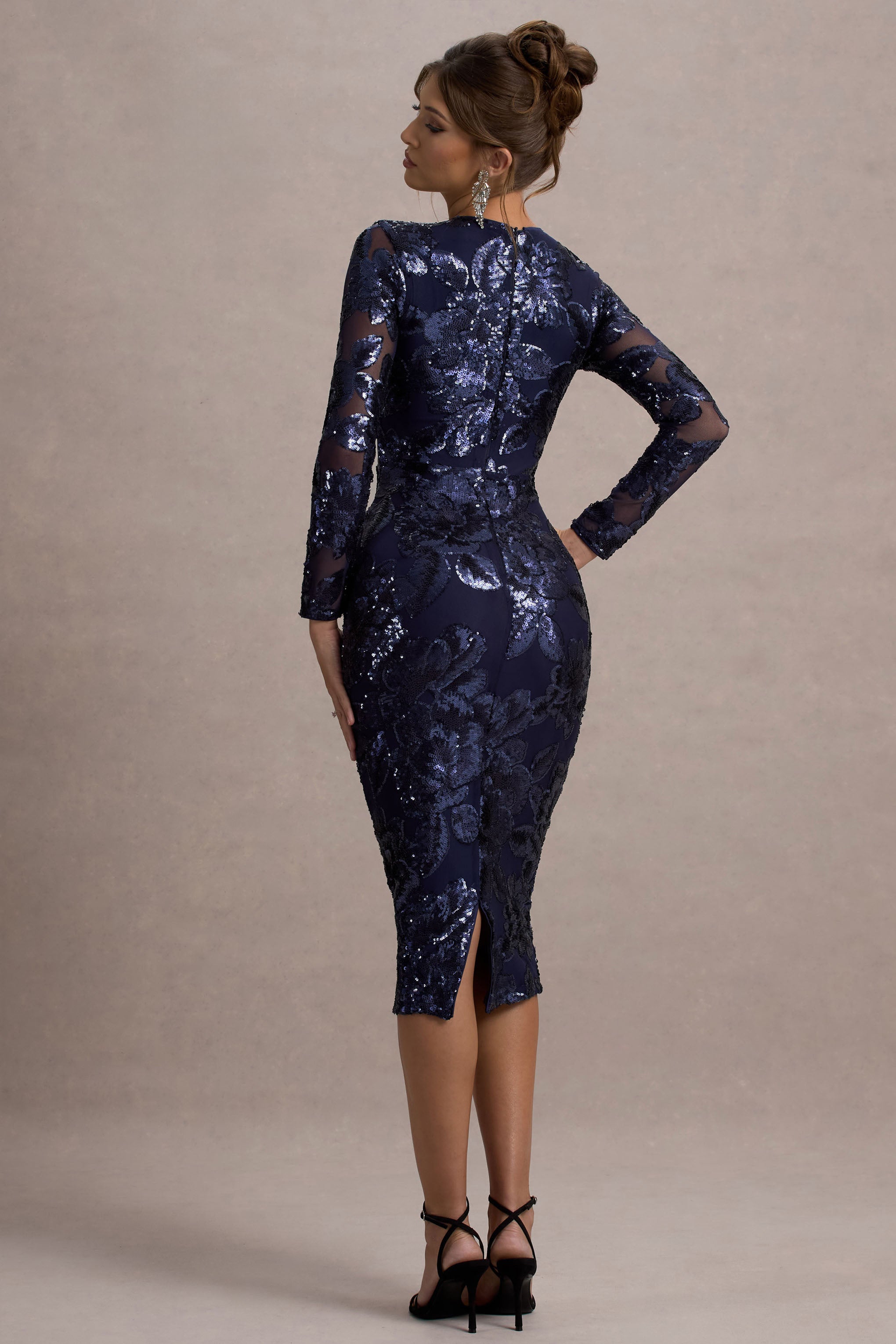 Ishana Navy Sequin Long-Sleeve Midi Dress