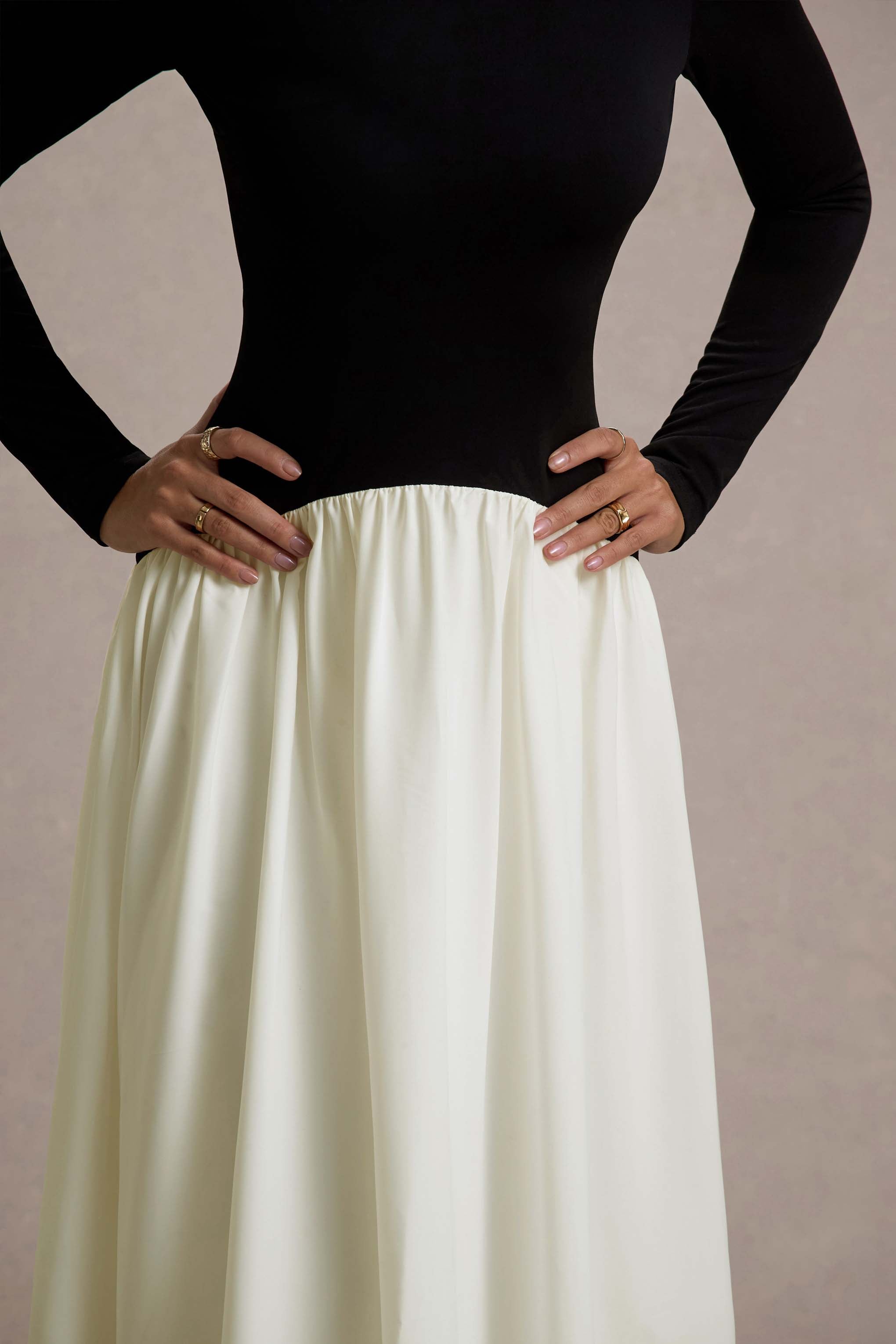 Benedetta Black & Cream Long-Sleeve Drop-Waist Maxi Dress