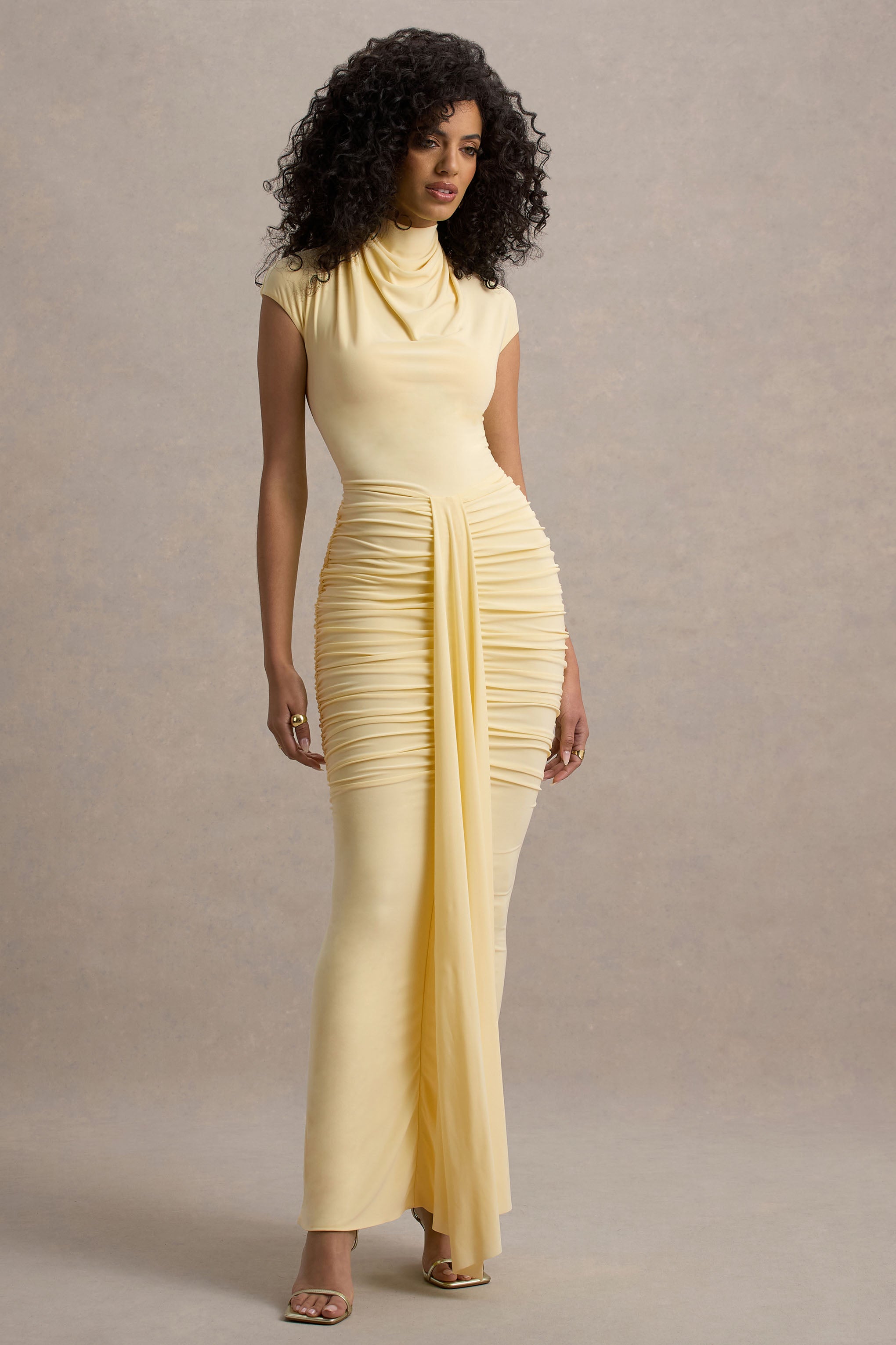 Lorenza Lemon High-Neck Ruched Maxi Dress With Draped Skirt