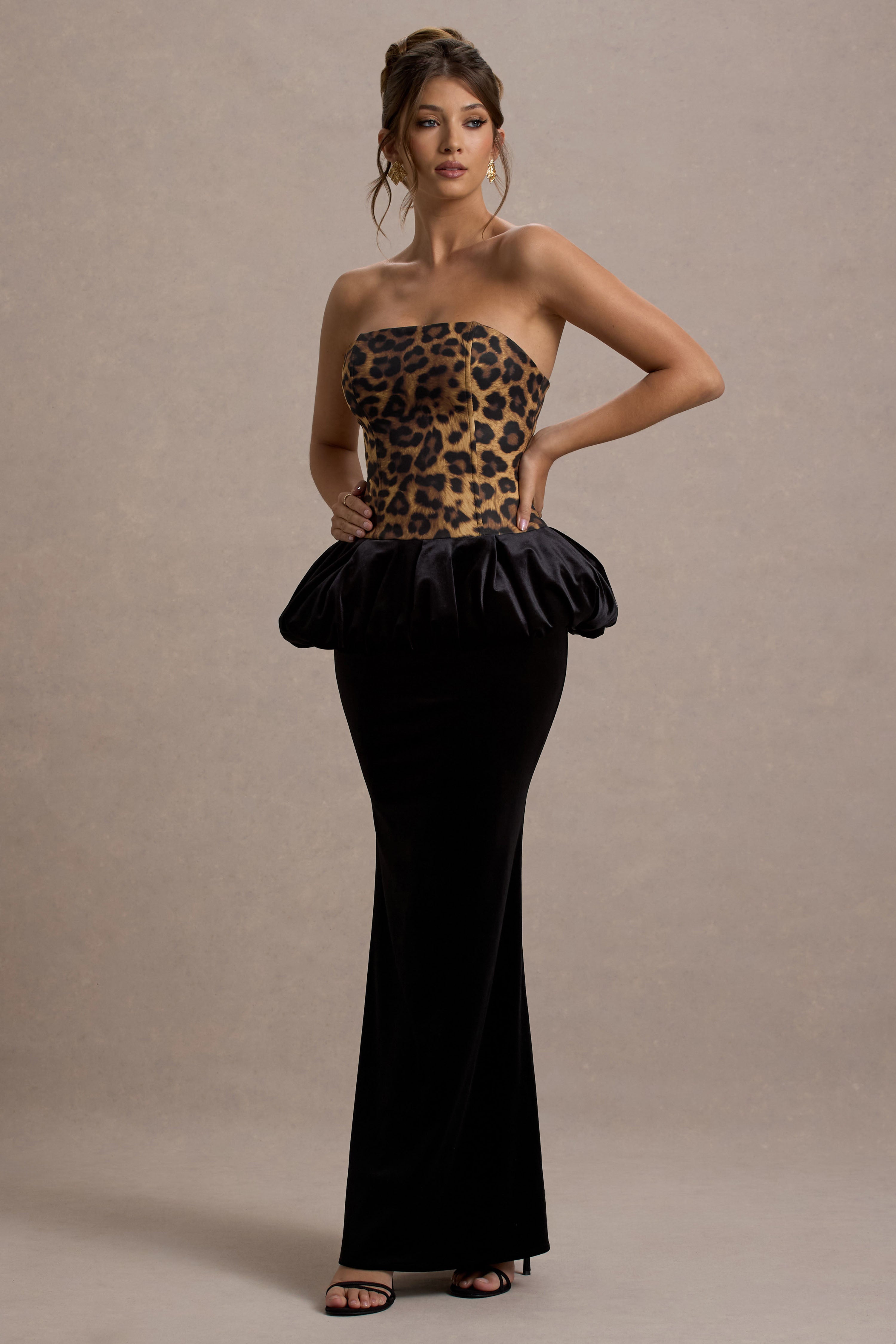 Harriette Leopard Print Bandeau Maxi Dress With Black Velvet Peplum Skirt