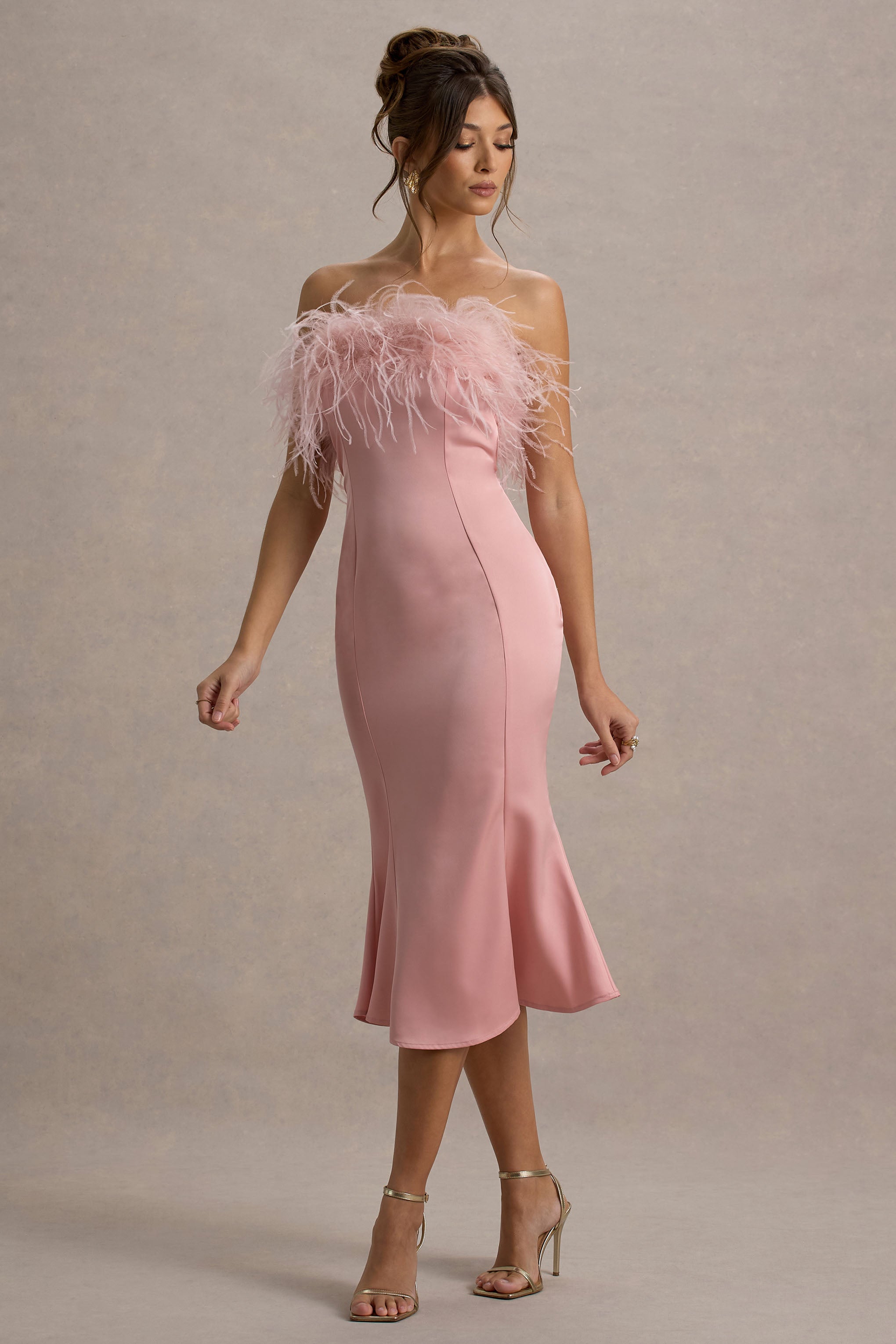 One And Only Light Pink Satin Feather Trim Bandeau Midi Dress
