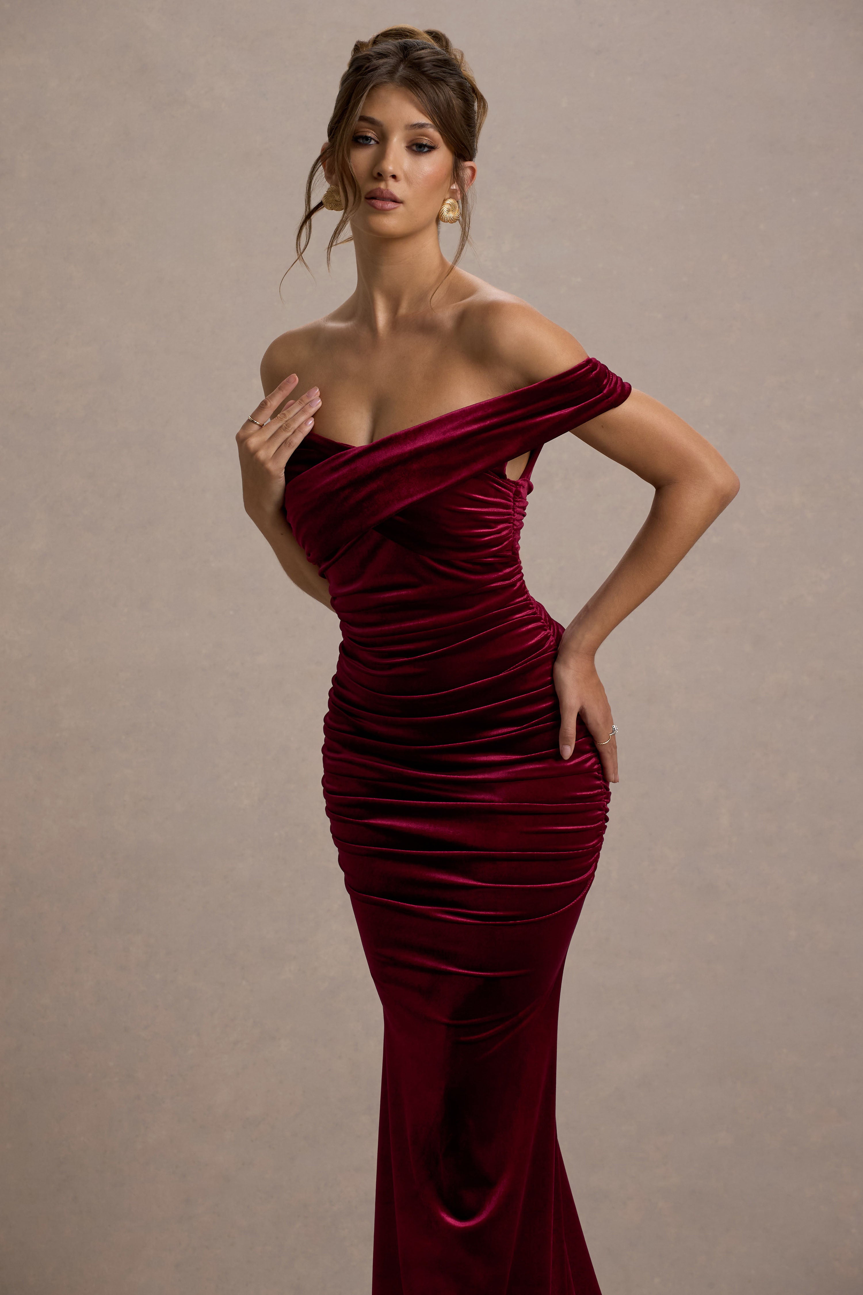 Apolline Berry Velvet Off The Shoulder Ruched Fishtail Maxi Dress