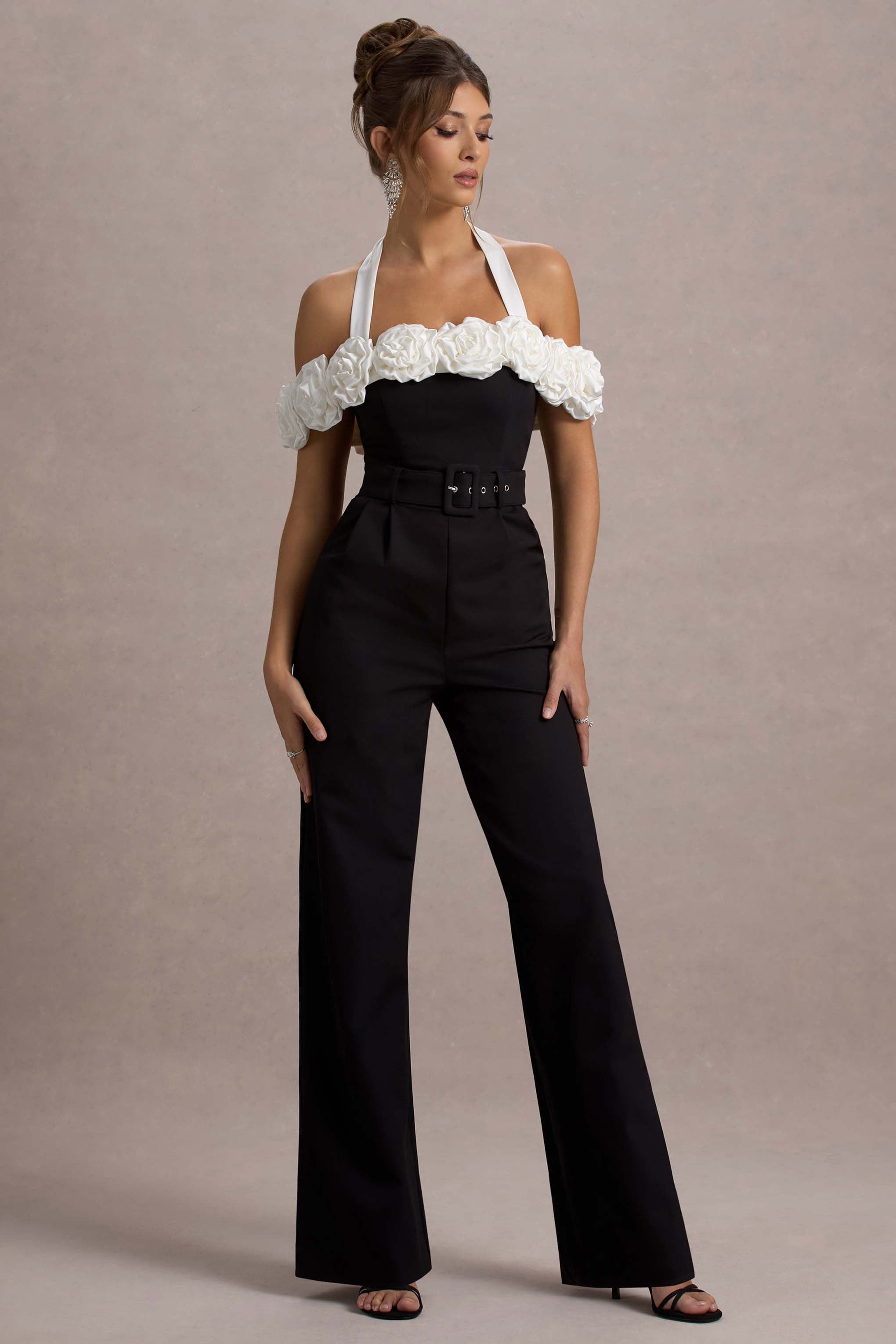 Genny Black Tailored Wide-Leg Jumpsuit With Flowers