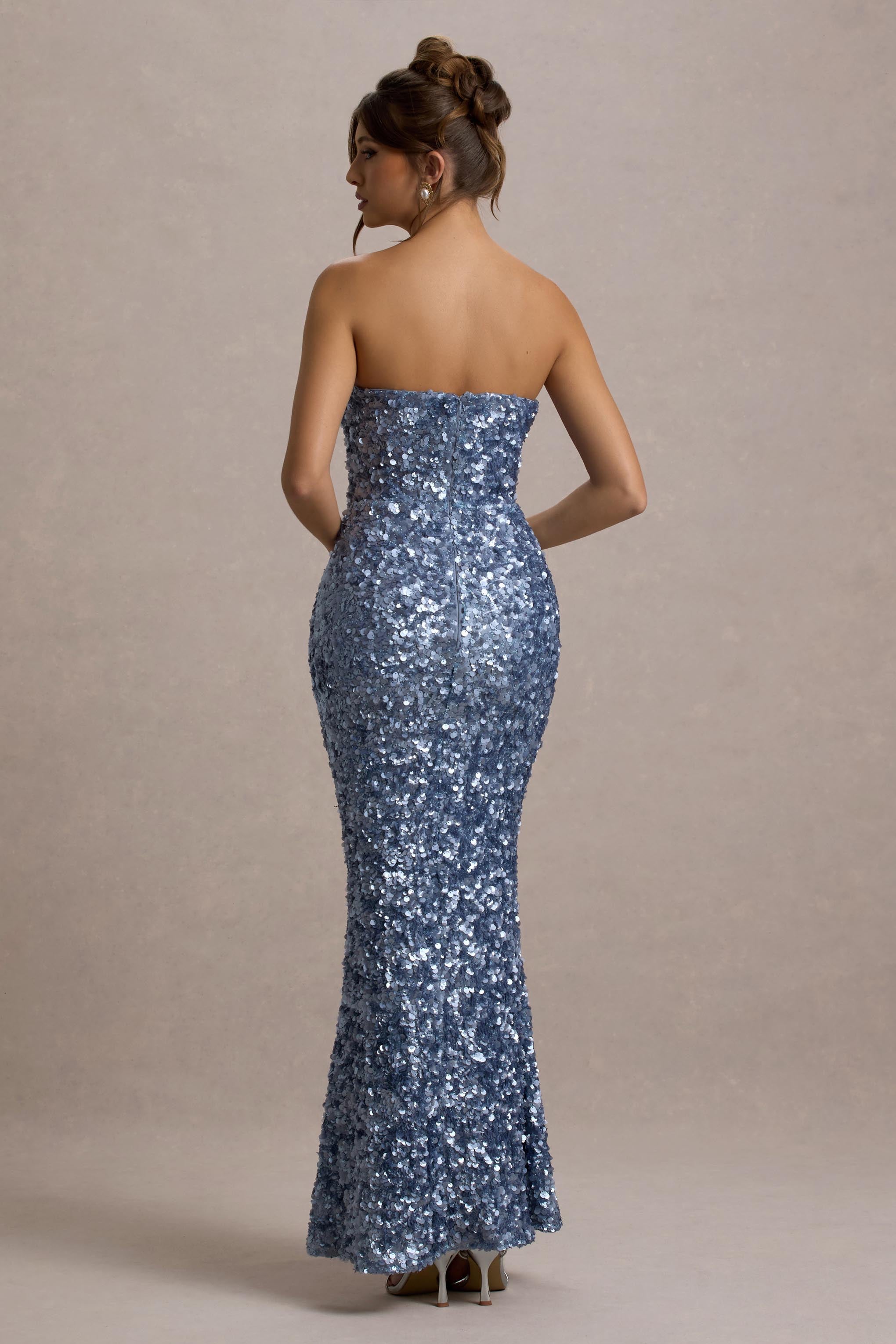 Evabeth Powder Blue Sequin Strapless Maxi Dress