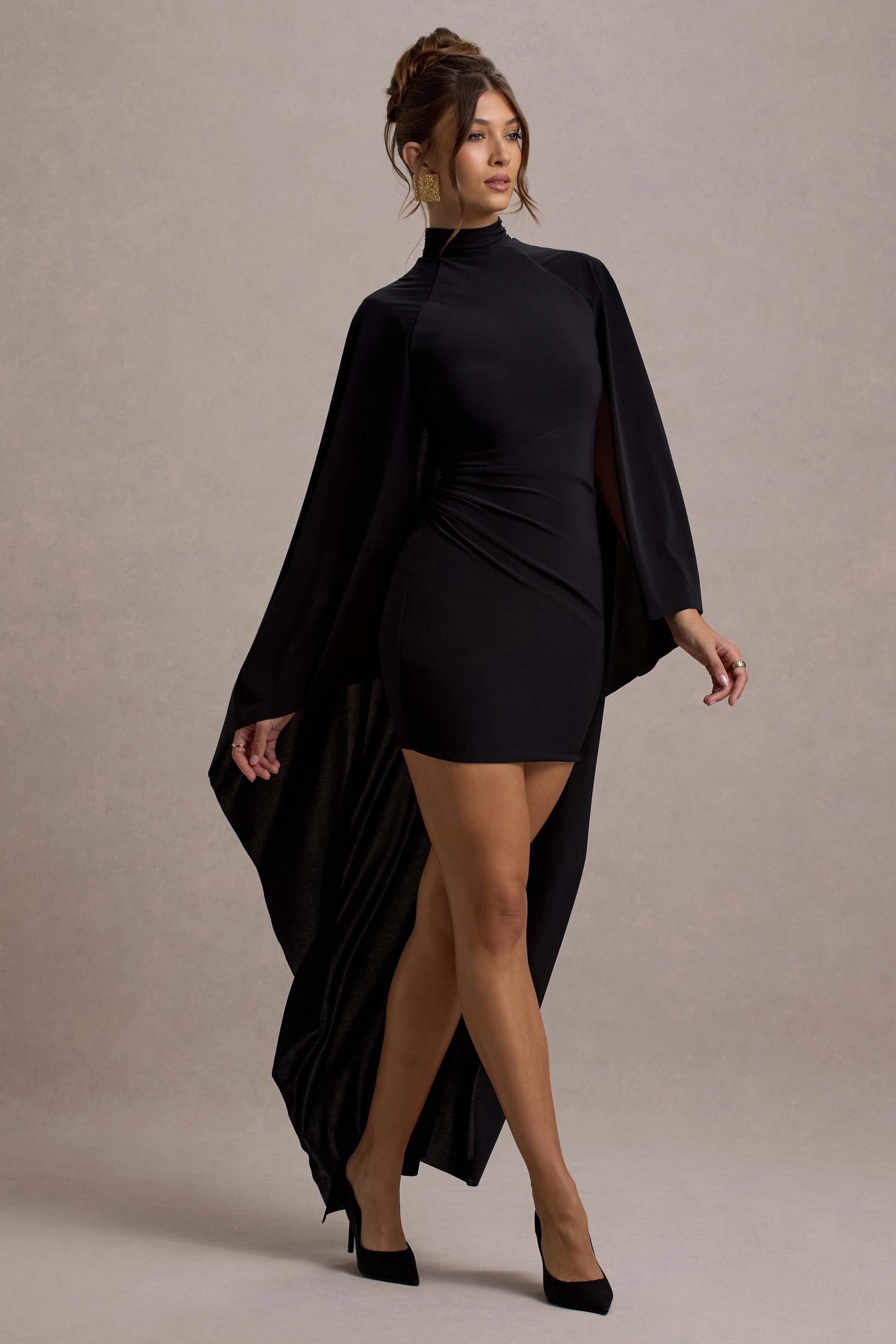 Damia Black High-Neck Mini Dress With Asymmetric Cape