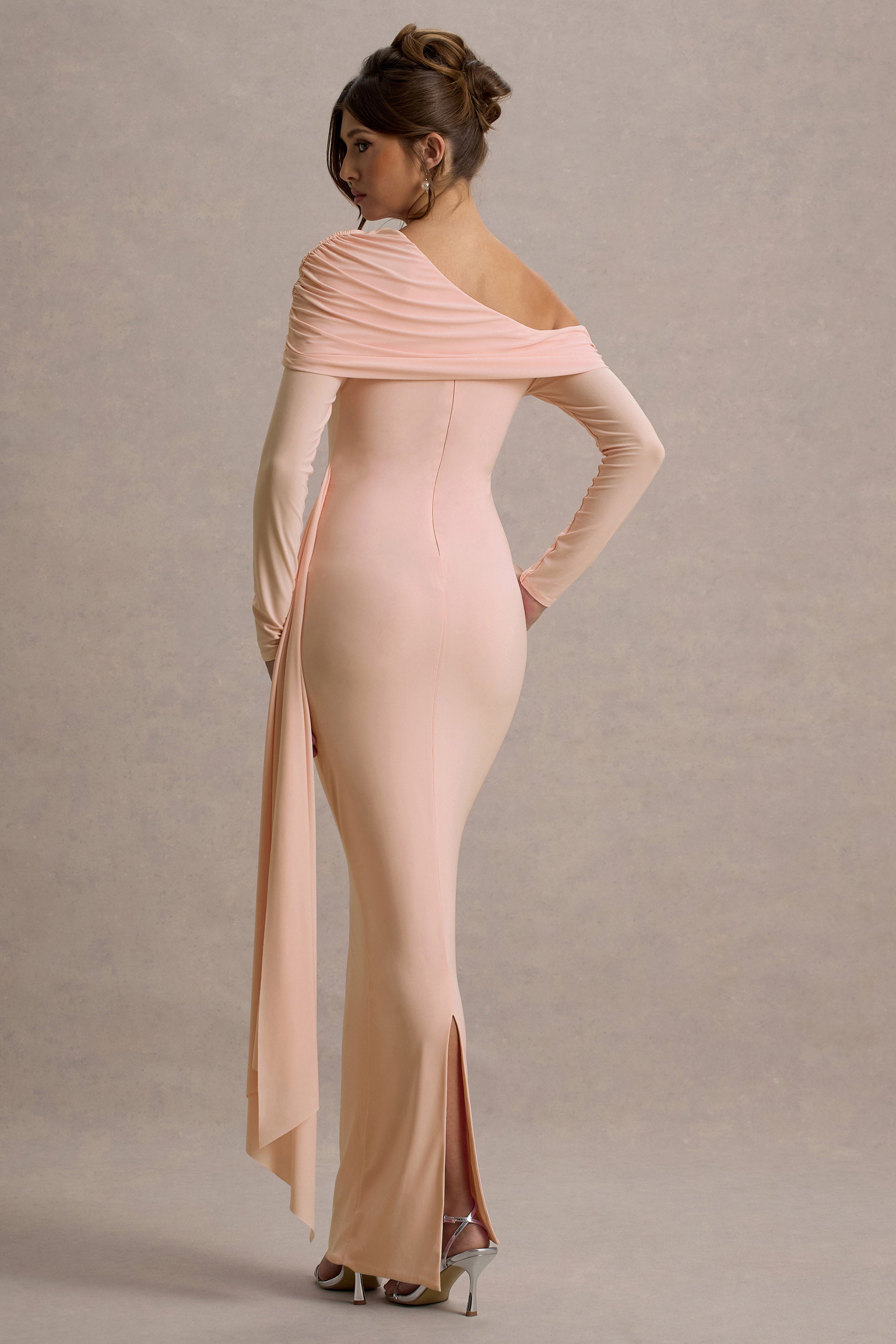 Valina Pink Ruched Asymmetric Maxi Dress With Drape
