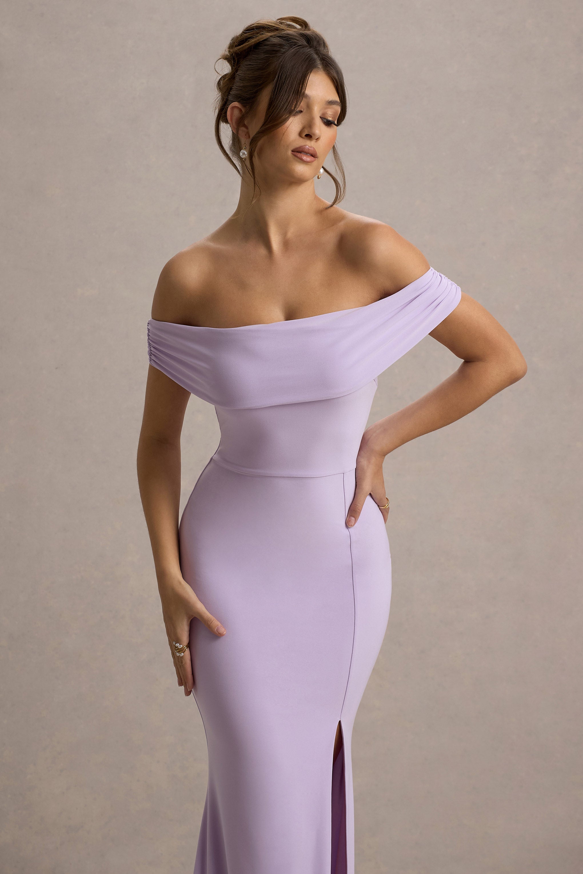 Law of Attraction Lilac Bardot Draped Split Maxi Dress
