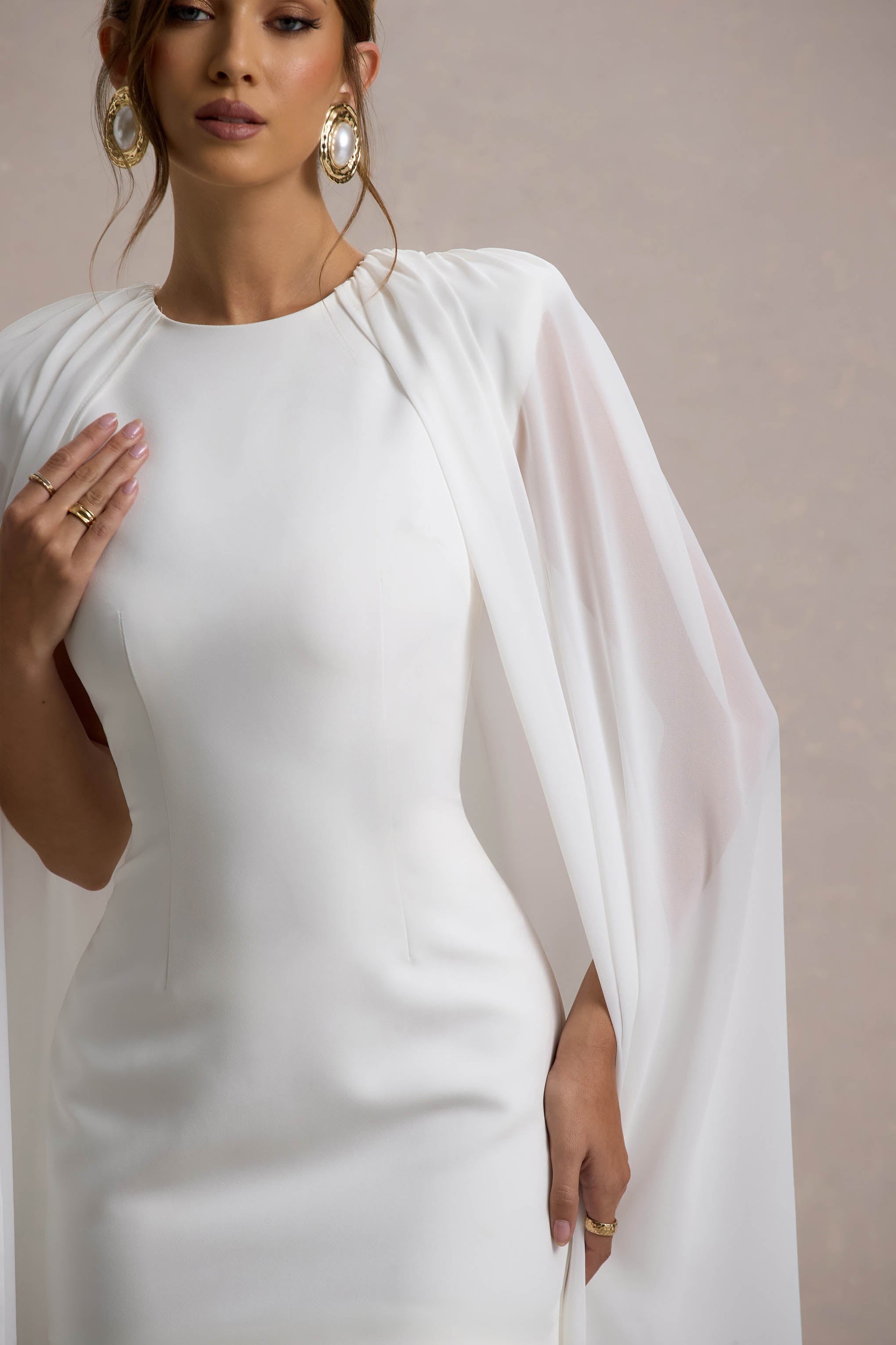 Elysium White Bodycon Mini Dress With Chiffon Cape