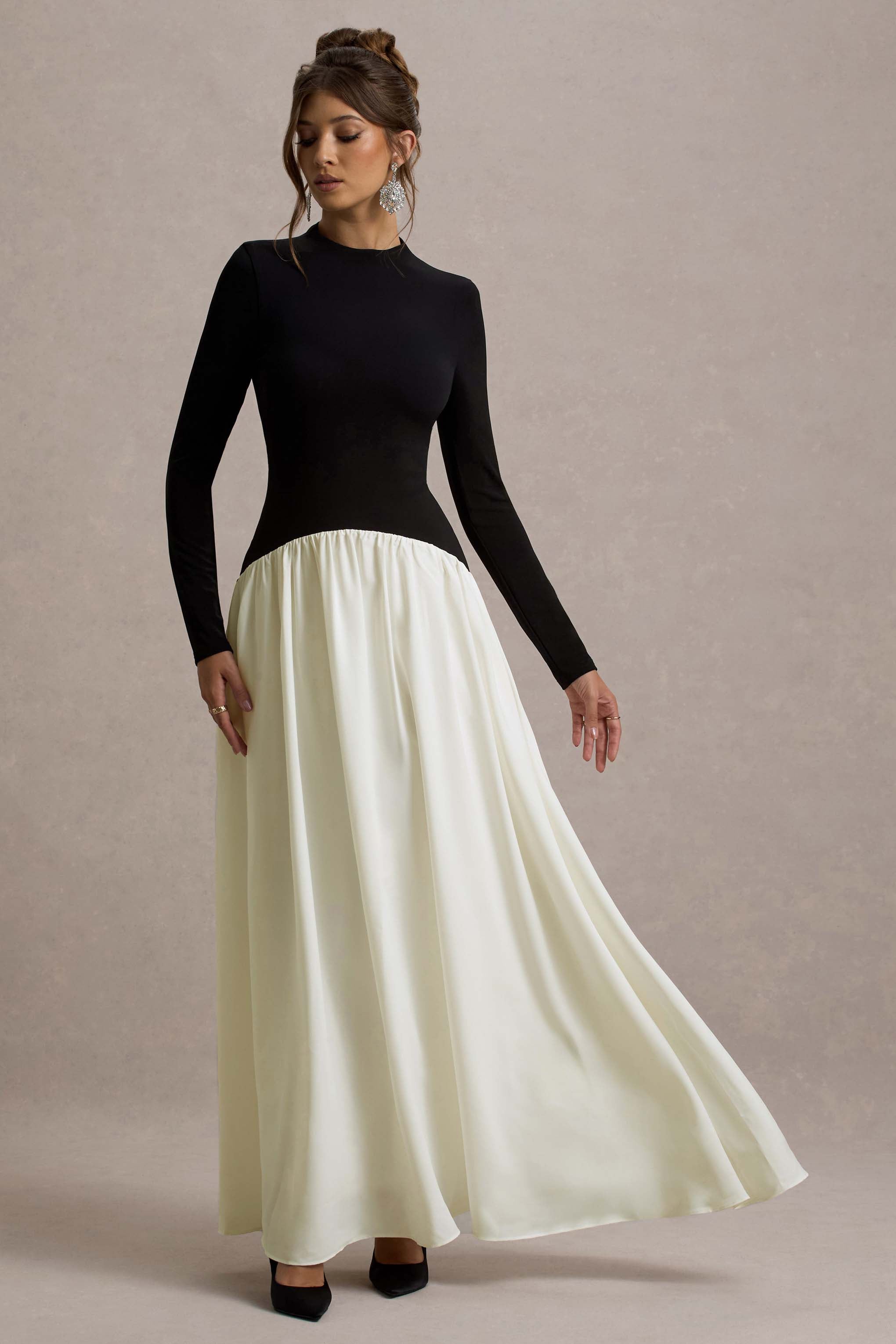 Benedetta Black & Cream Long-Sleeve Drop-Waist Maxi Dress