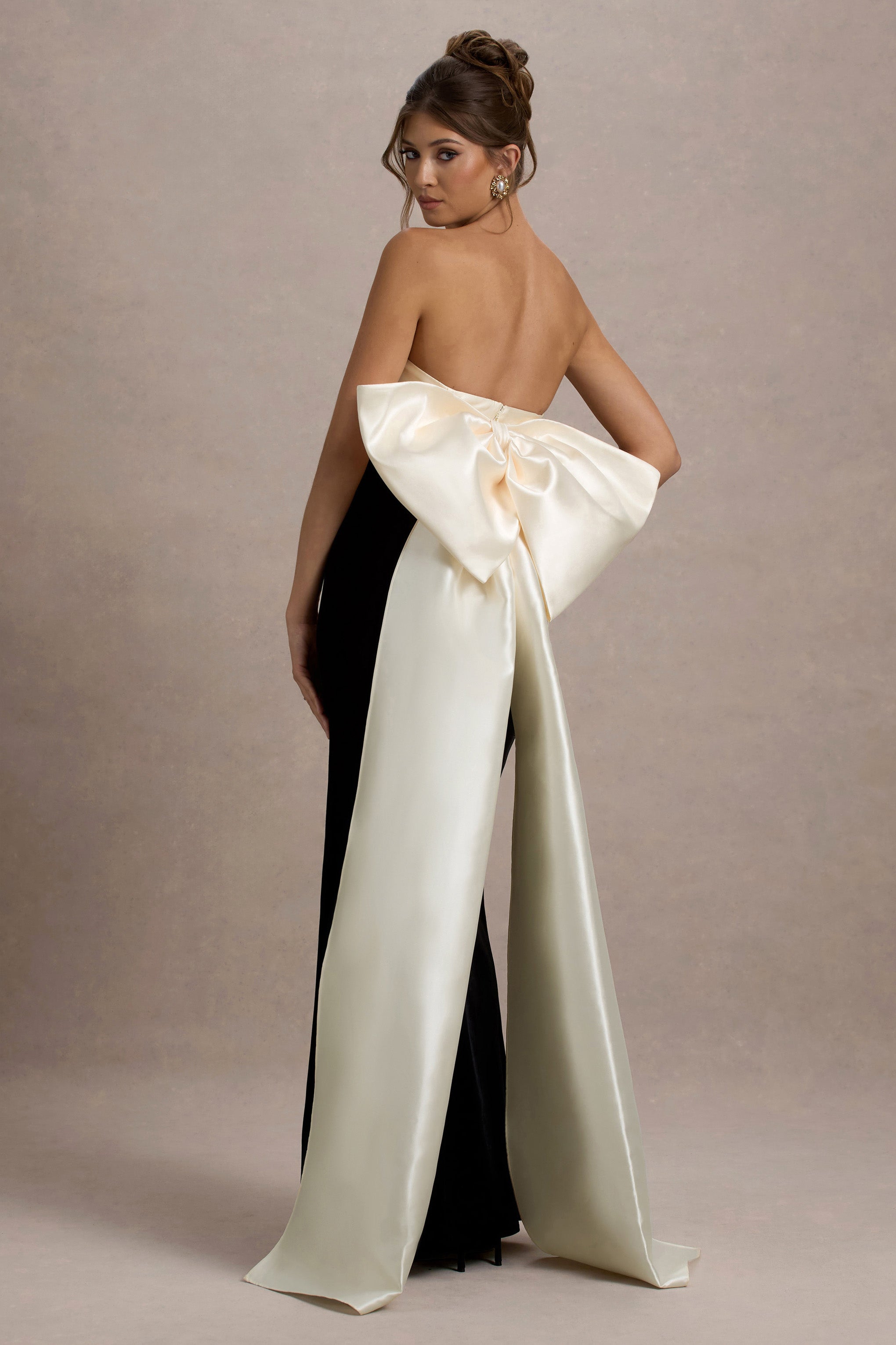 Take A Bow Black & Cream Velvet Strapless Maxi Dress With Oversized Bow