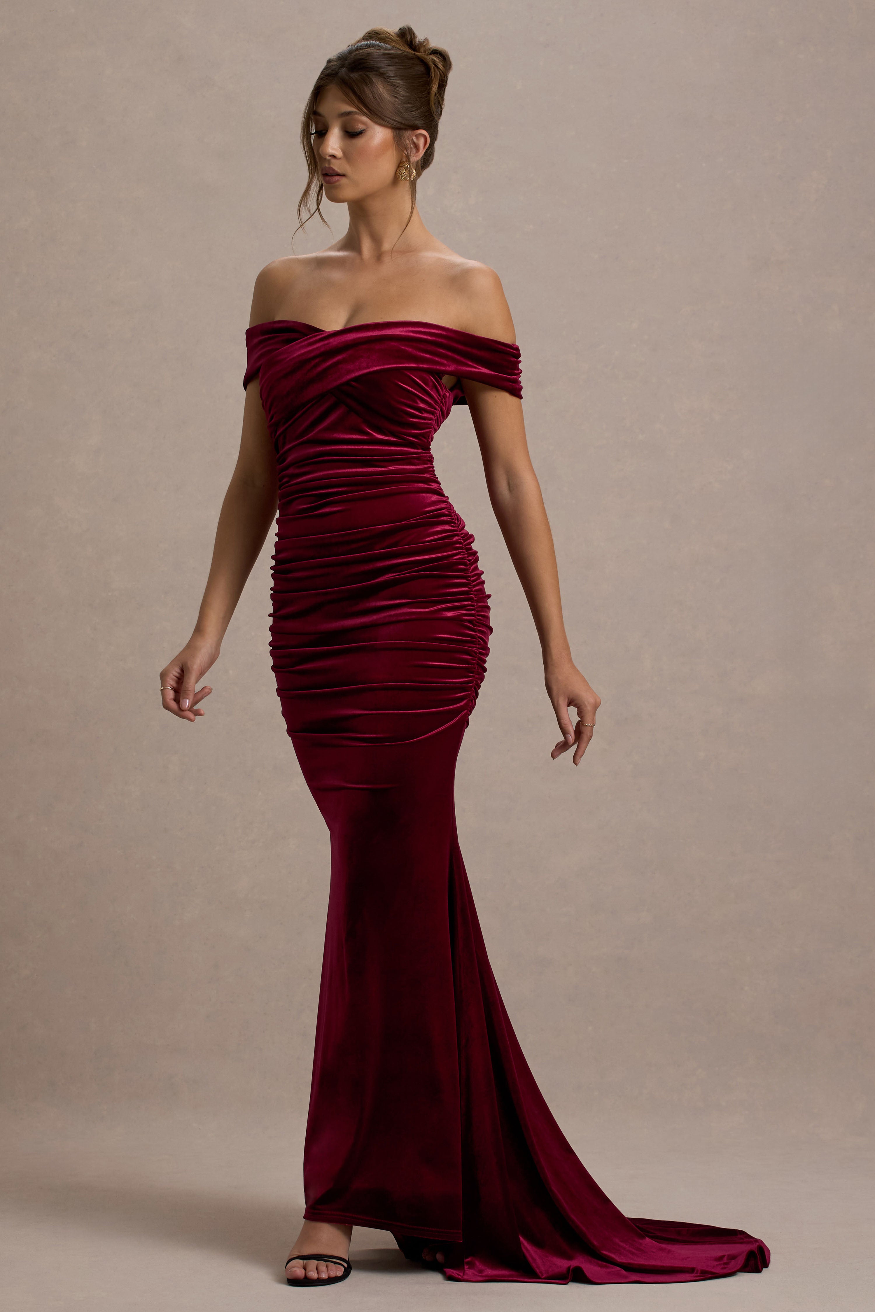 Apolline Berry Velvet Off The Shoulder Ruched Fishtail Maxi Dress