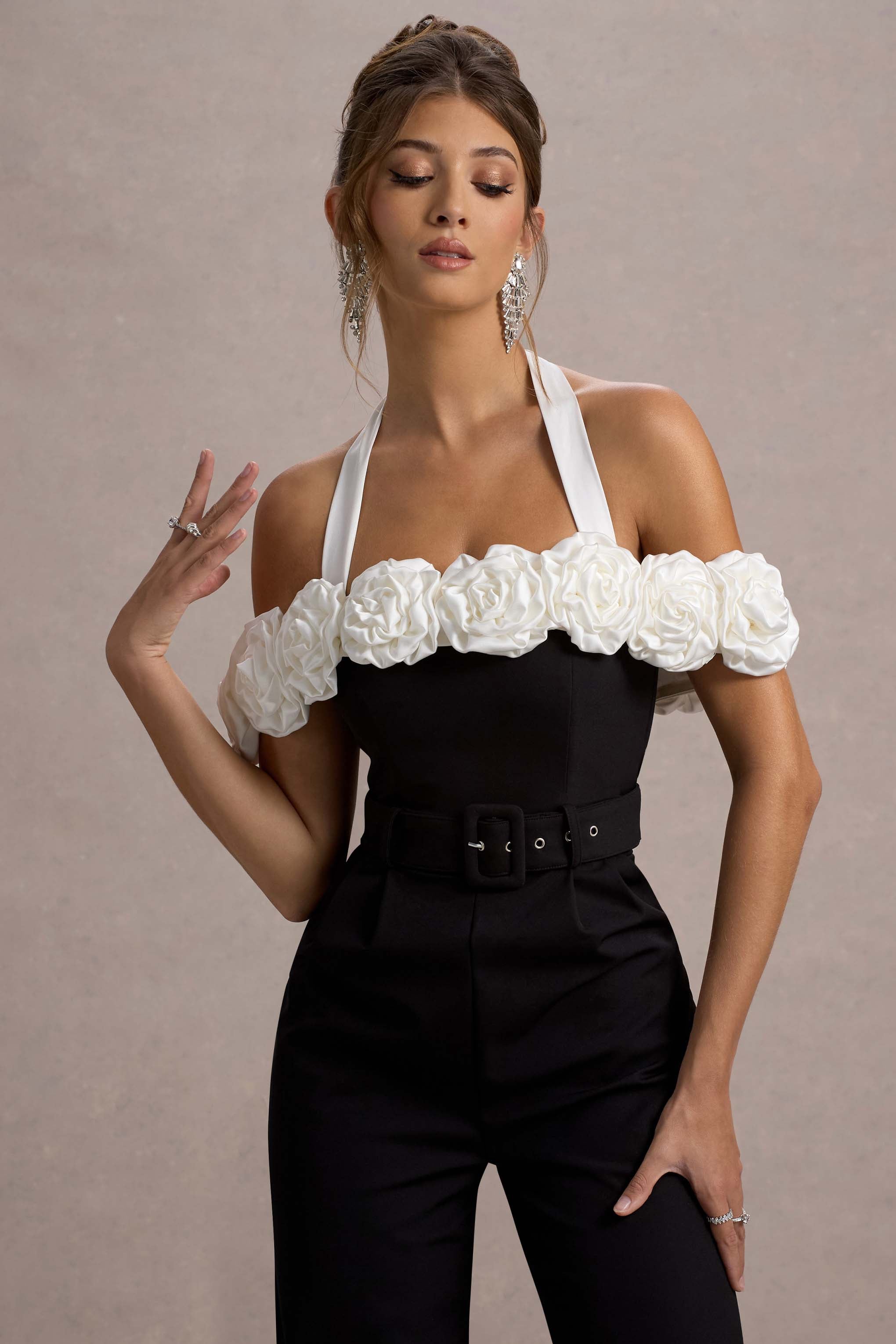 Genny Black Tailored Wide-Leg Jumpsuit With Flowers