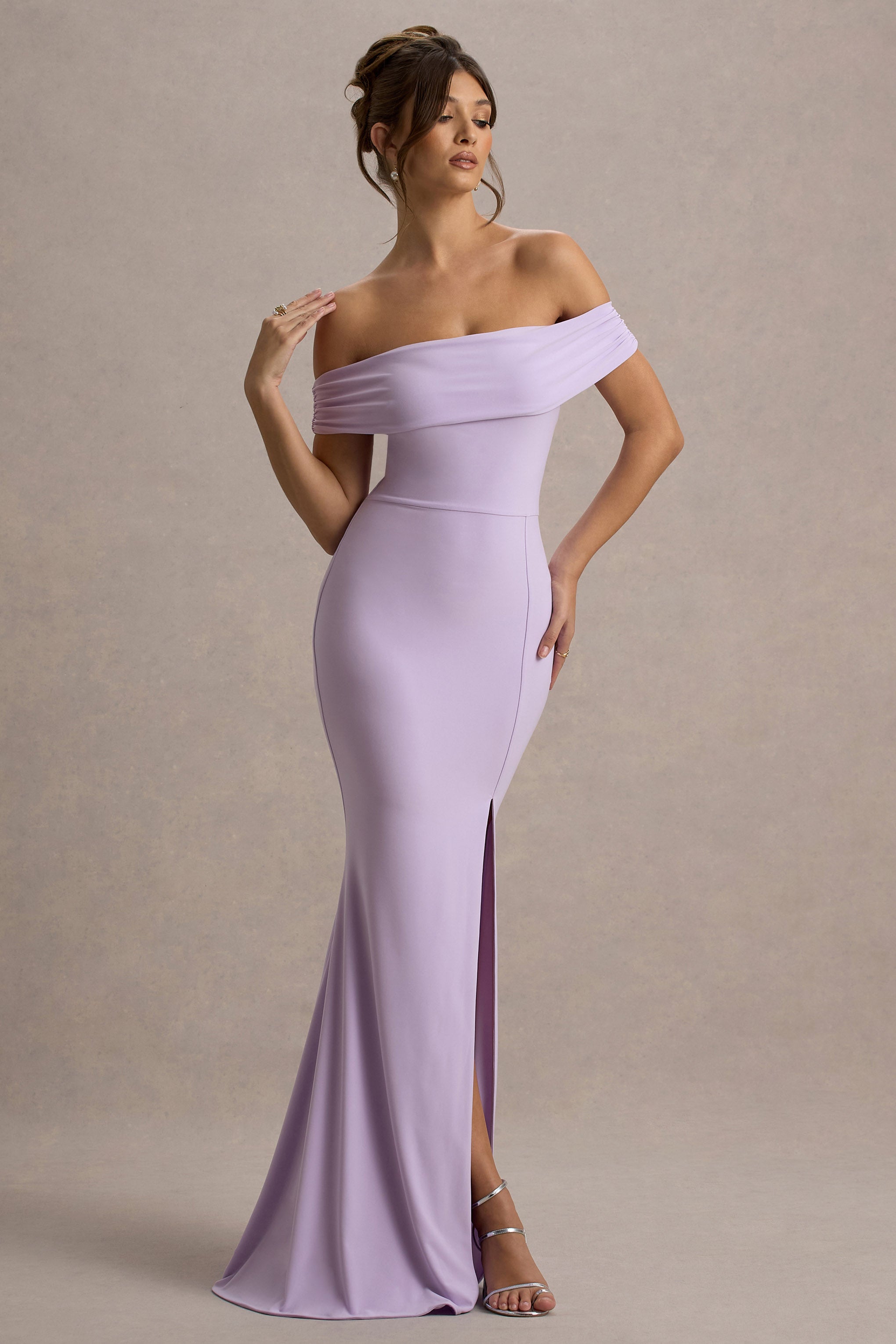 Law of Attraction Lilac Bardot Draped Split Maxi Dress