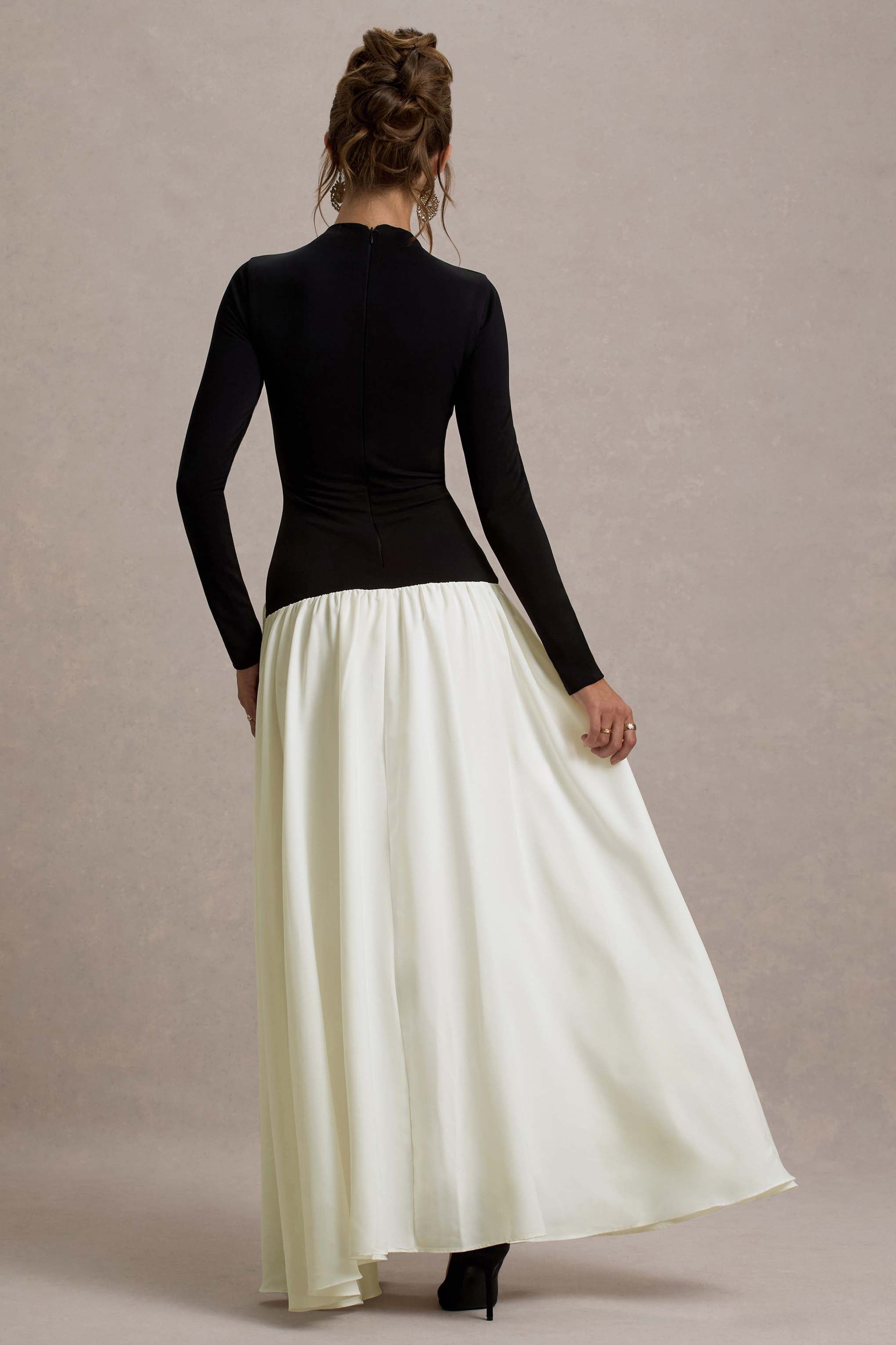 Benedetta Black & Cream Long-Sleeve Drop-Waist Maxi Dress