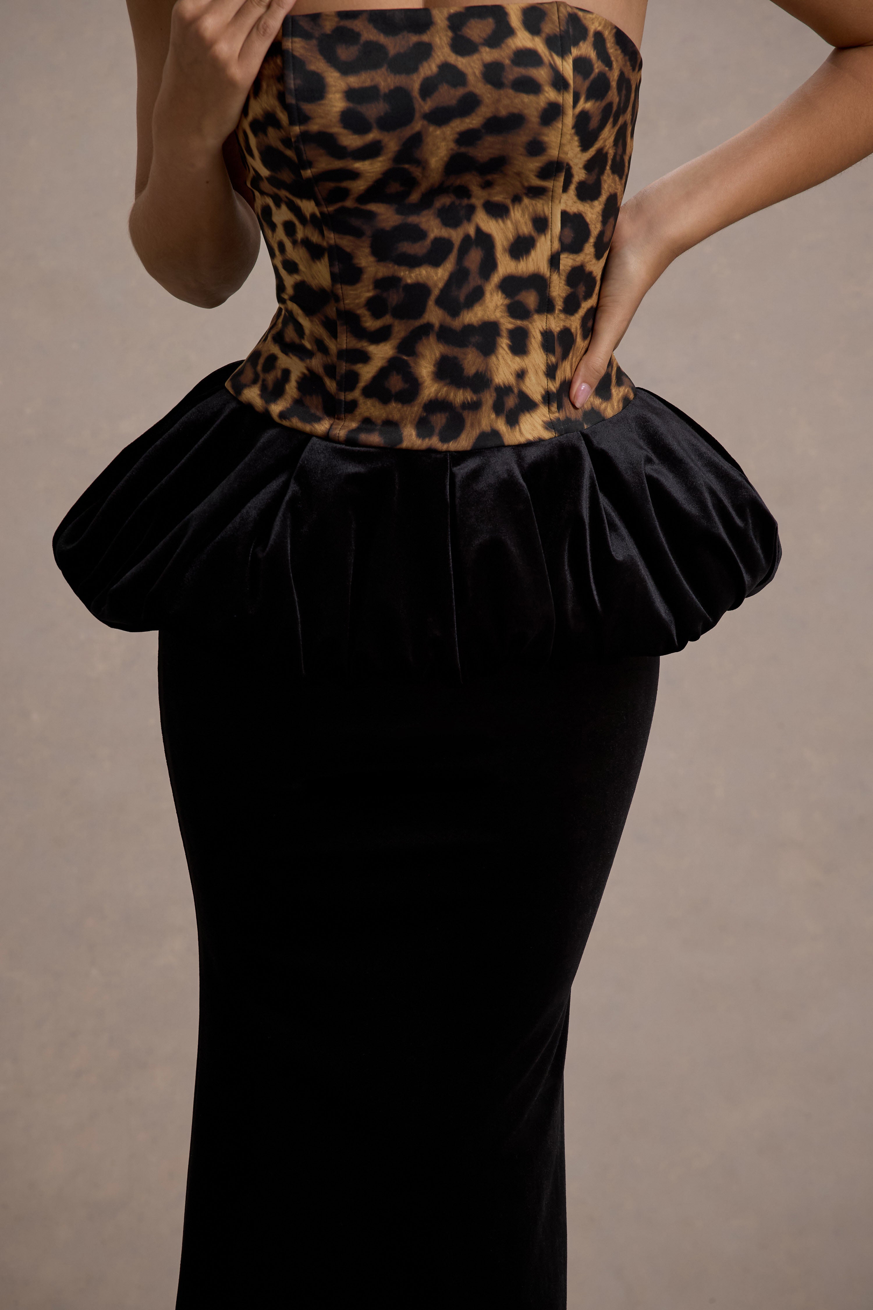 Harriette Leopard Print Bandeau Maxi Dress With Black Velvet Peplum Skirt