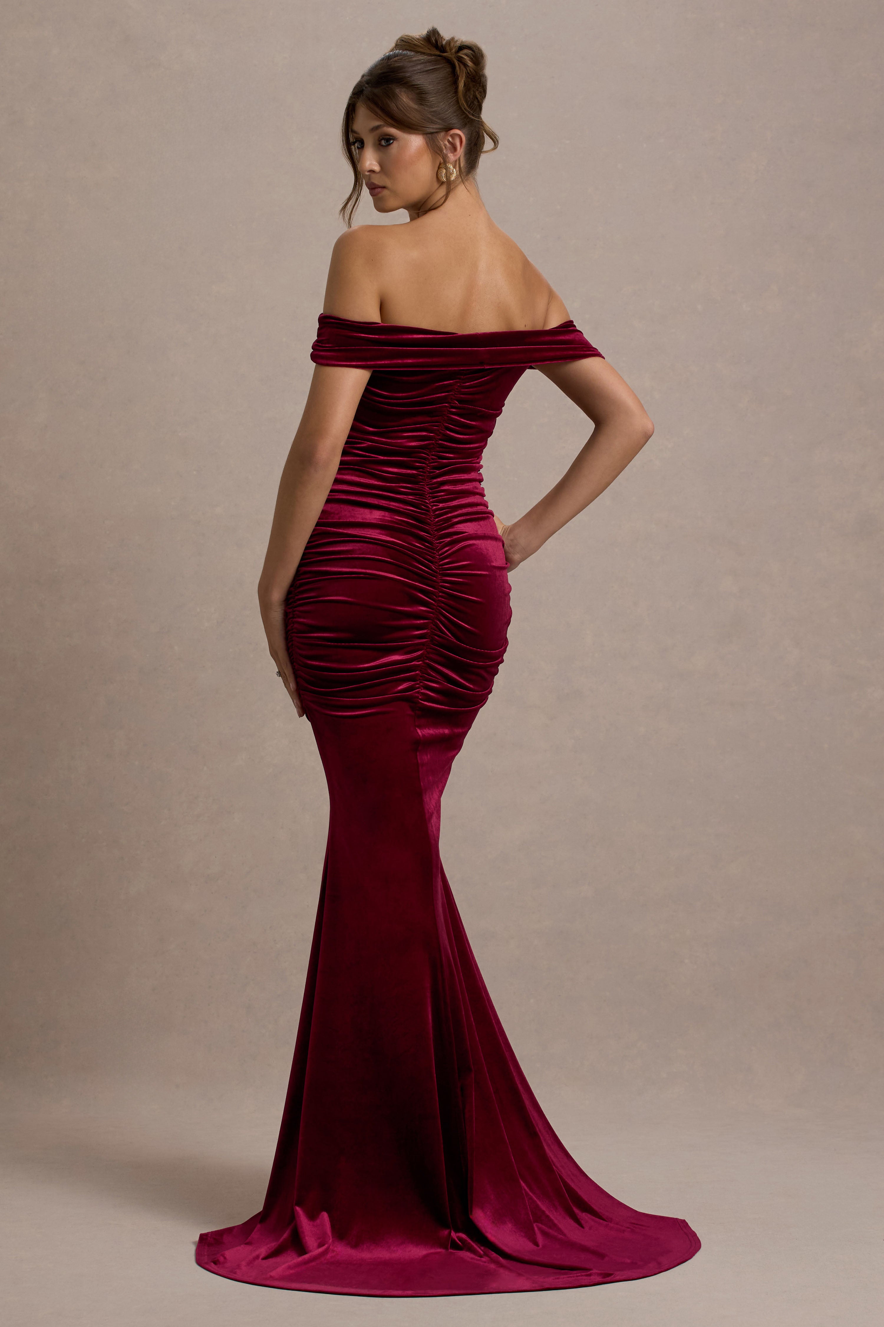 Apolline Berry Velvet Off The Shoulder Ruched Fishtail Maxi Dress