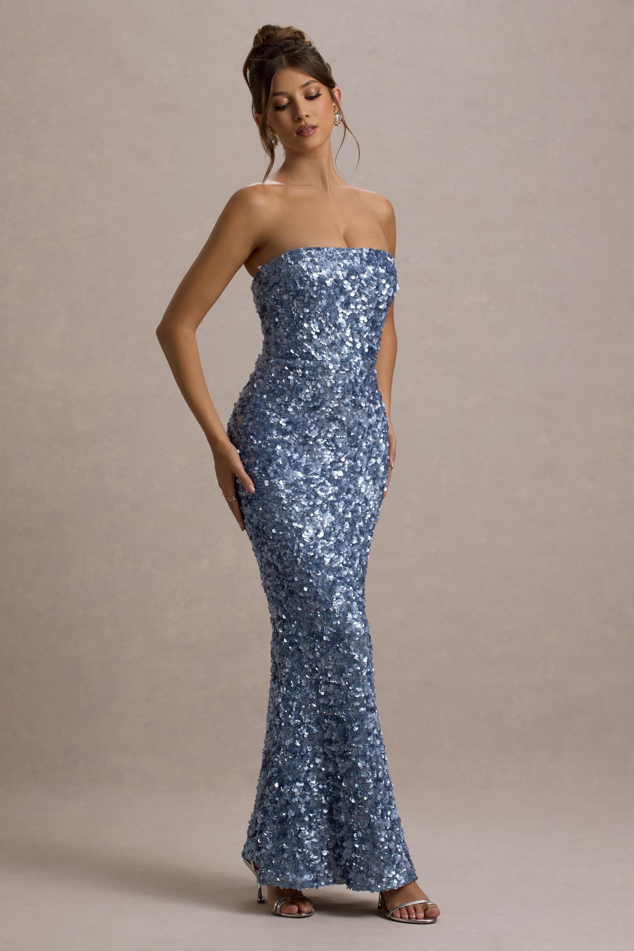 Evabeth Powder Blue Sequin Strapless Maxi Dress