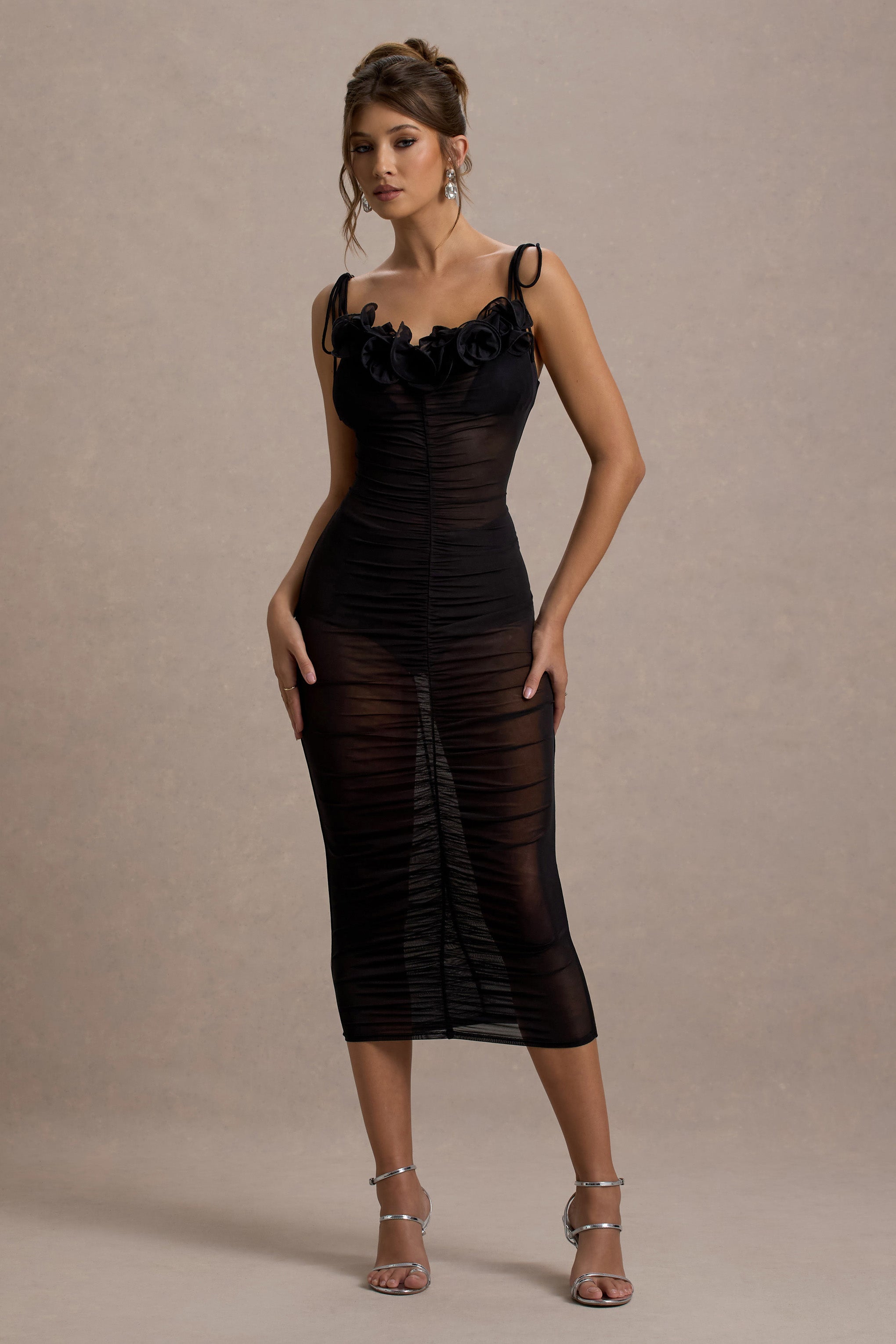 Jesi Black Mesh Ruched Midi Dress With Ruffles