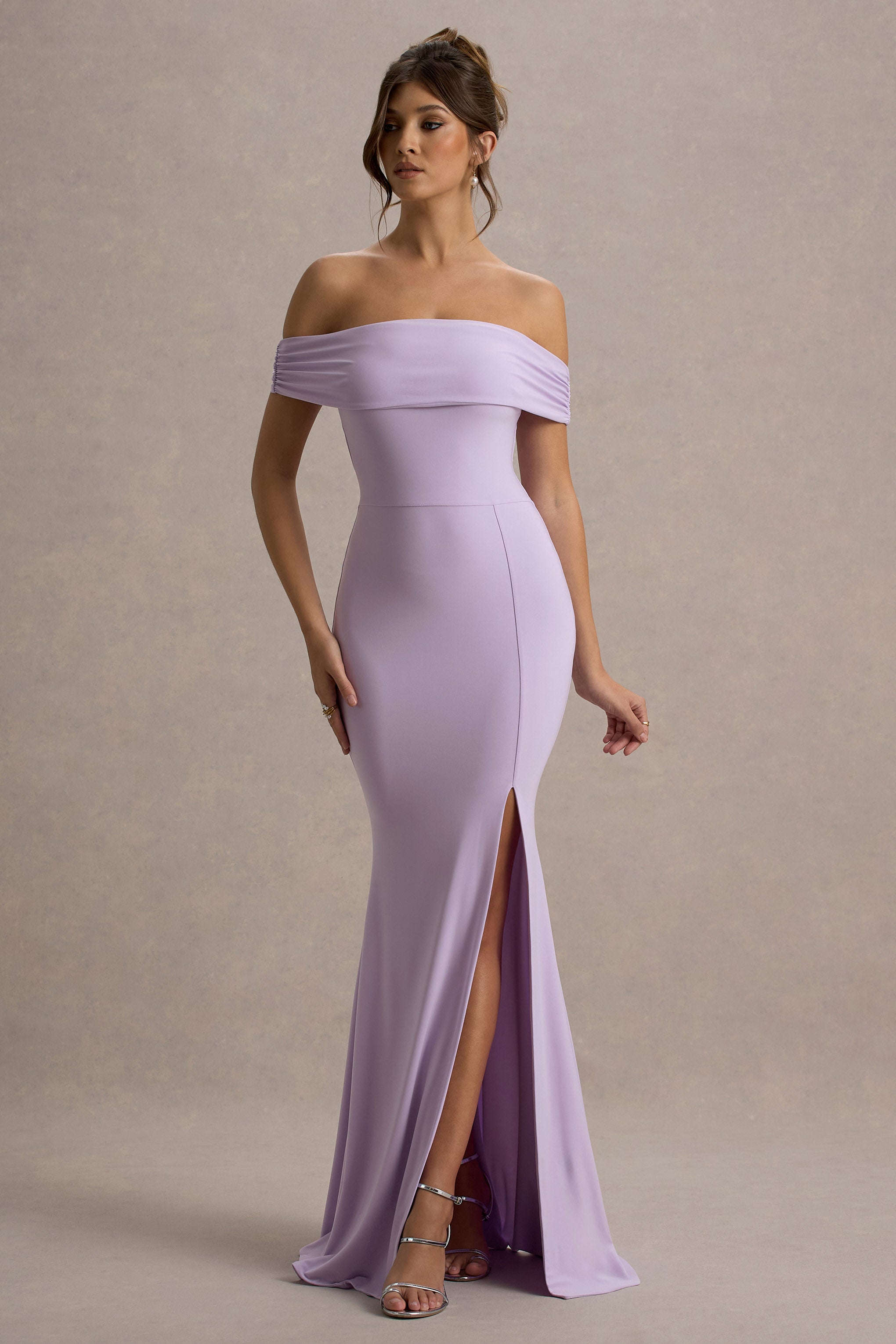 Law of Attraction Lilac Bardot Draped Split Maxi Dress