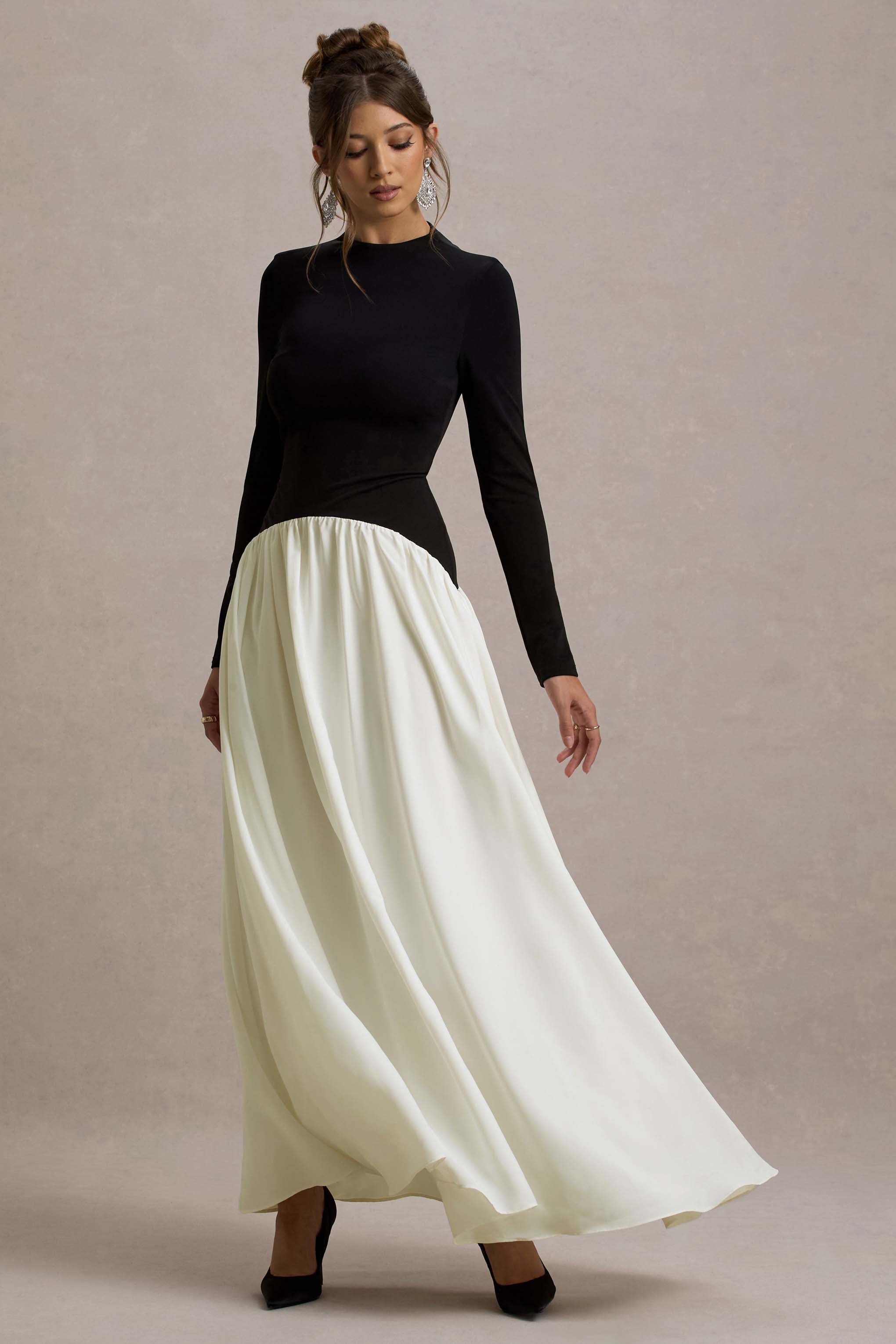 Benedetta Black & Cream Long-Sleeve Drop-Waist Maxi Dress
