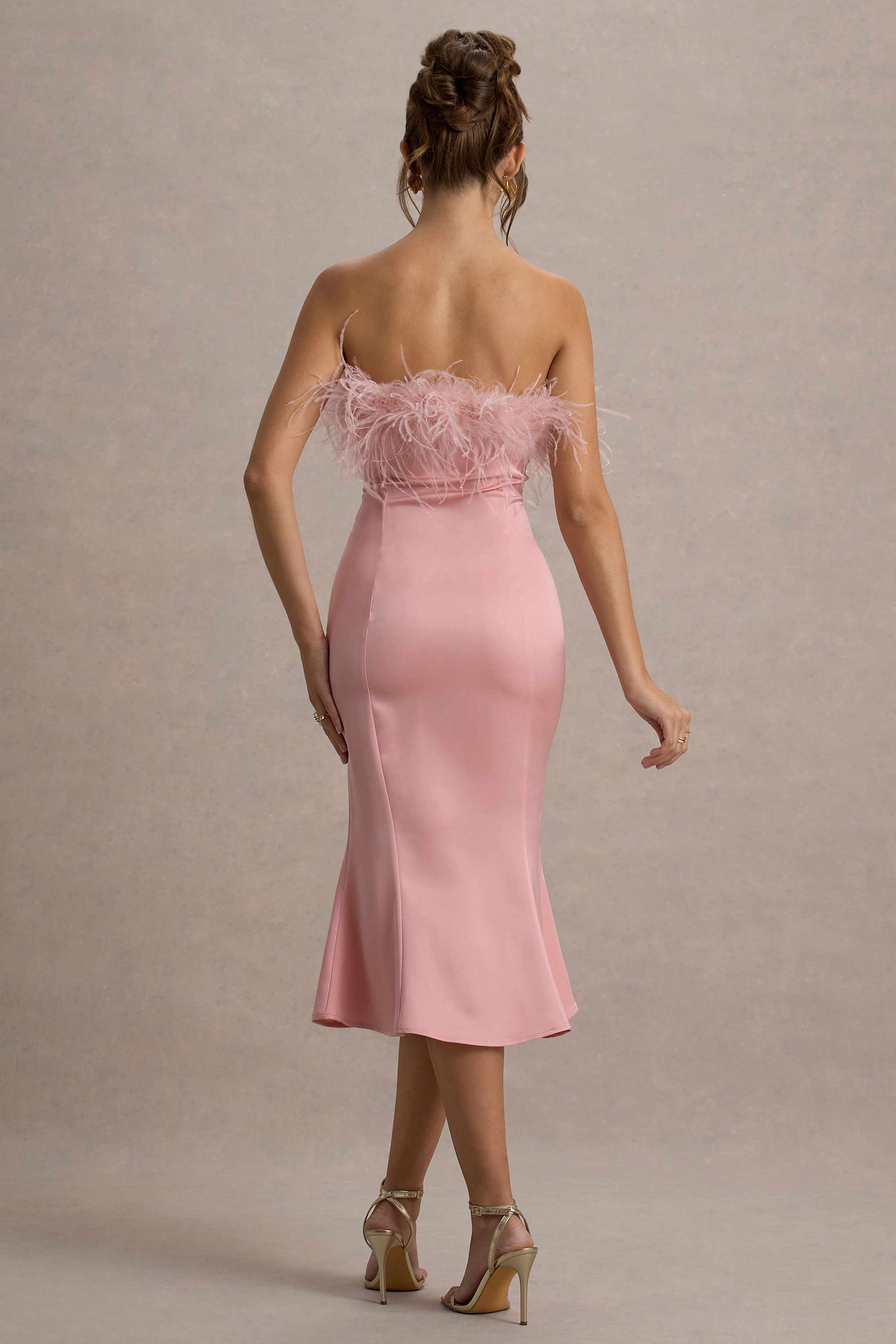 One And Only Light Pink Satin Feather Trim Bandeau Midi Dress