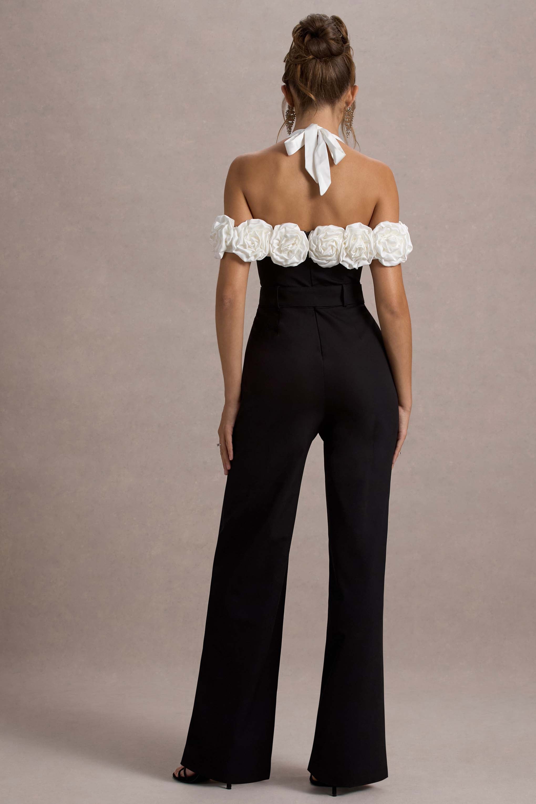 Genny Black Tailored Wide-Leg Jumpsuit With Flowers
