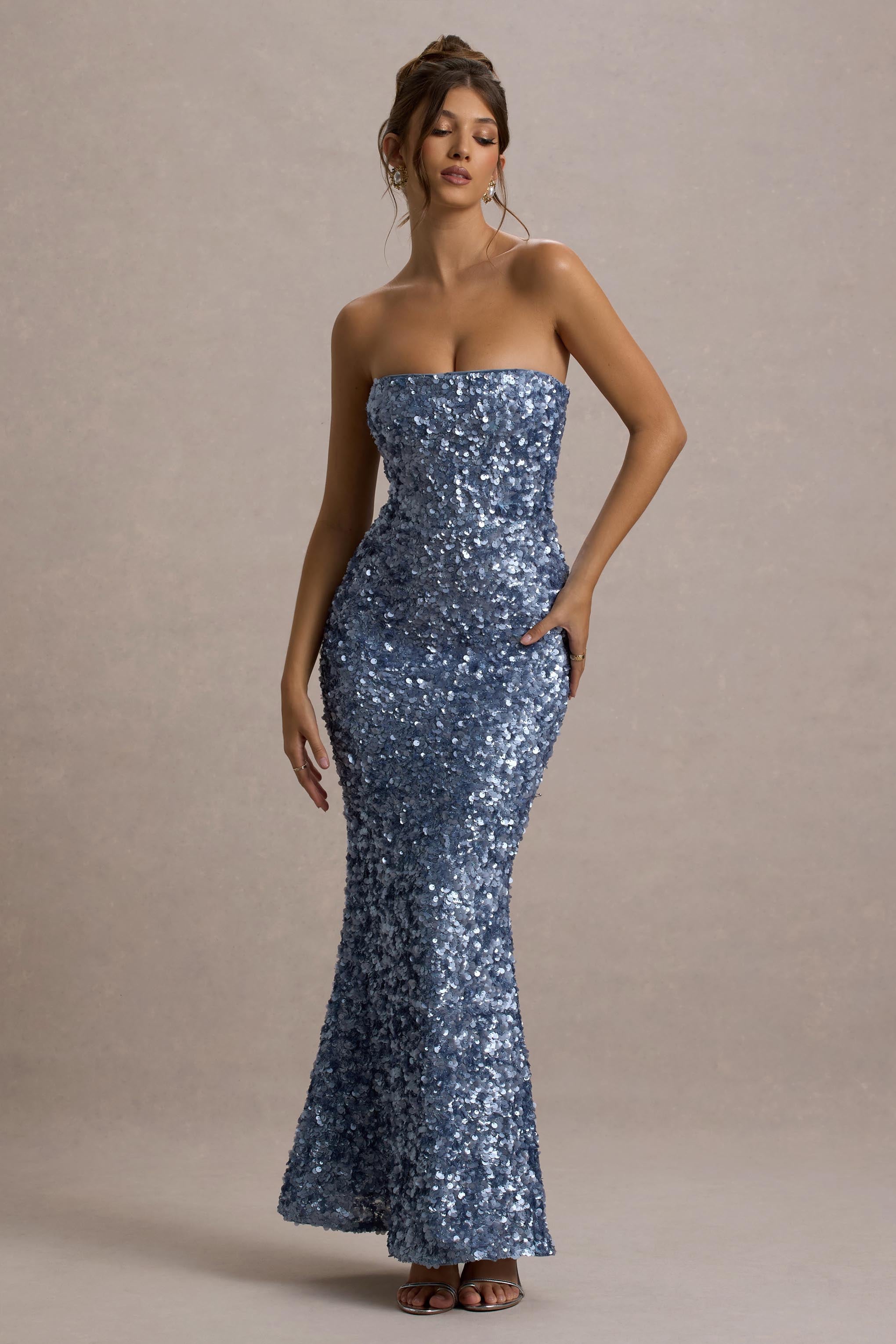 Evabeth Powder Blue Sequin Strapless Maxi Dress