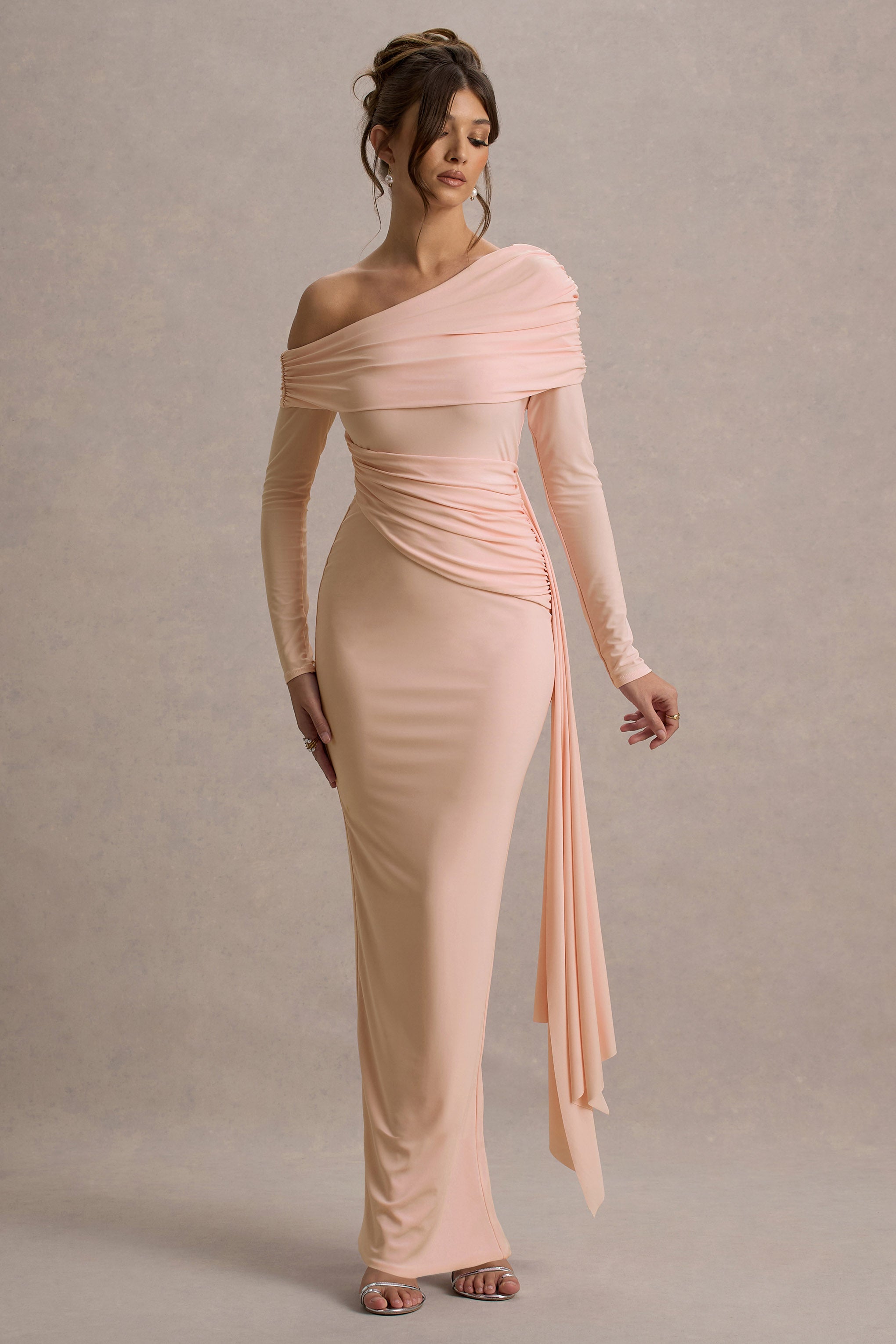 Valina Pink Ruched Asymmetric Maxi Dress With Drape