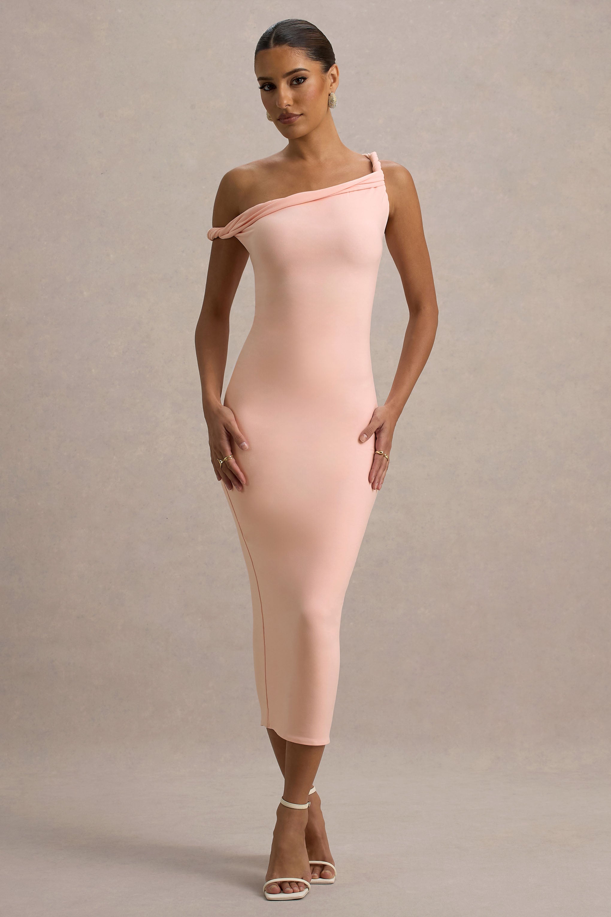 Salome Pink Twisted Asymmetric Midi Dress