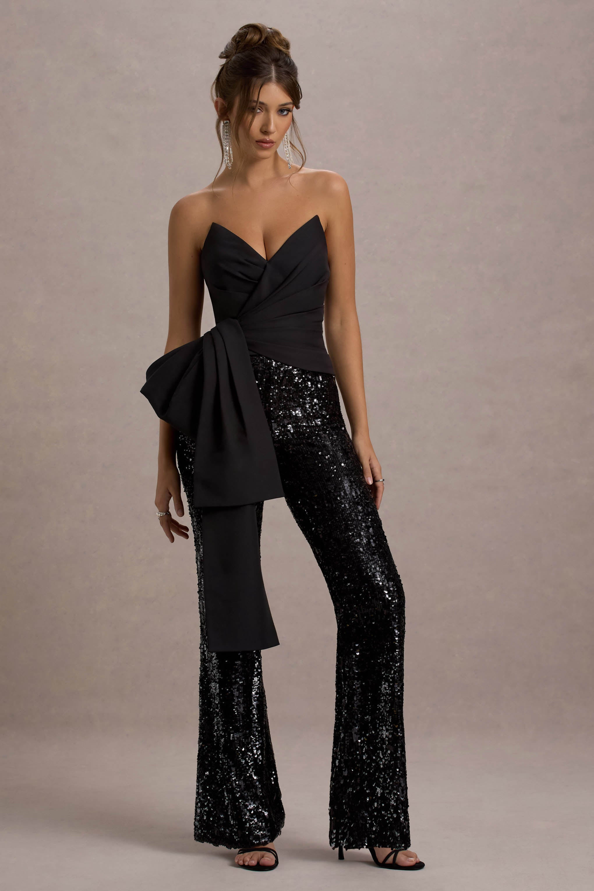 Bianco Black Sequin Strapless Flared-Leg Jumpsuit With Drape