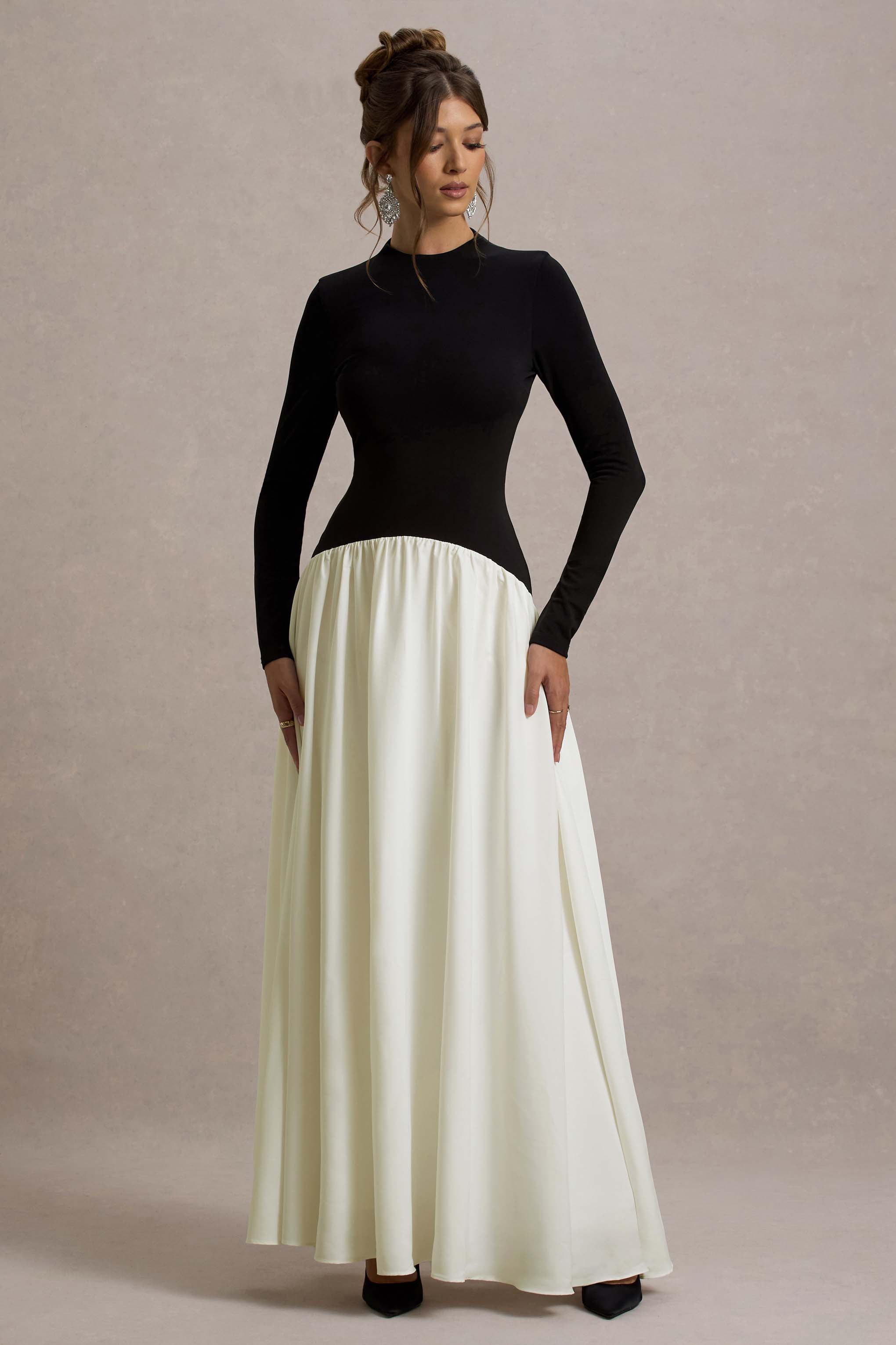 Benedetta Black & Cream Long-Sleeve Drop-Waist Maxi Dress
