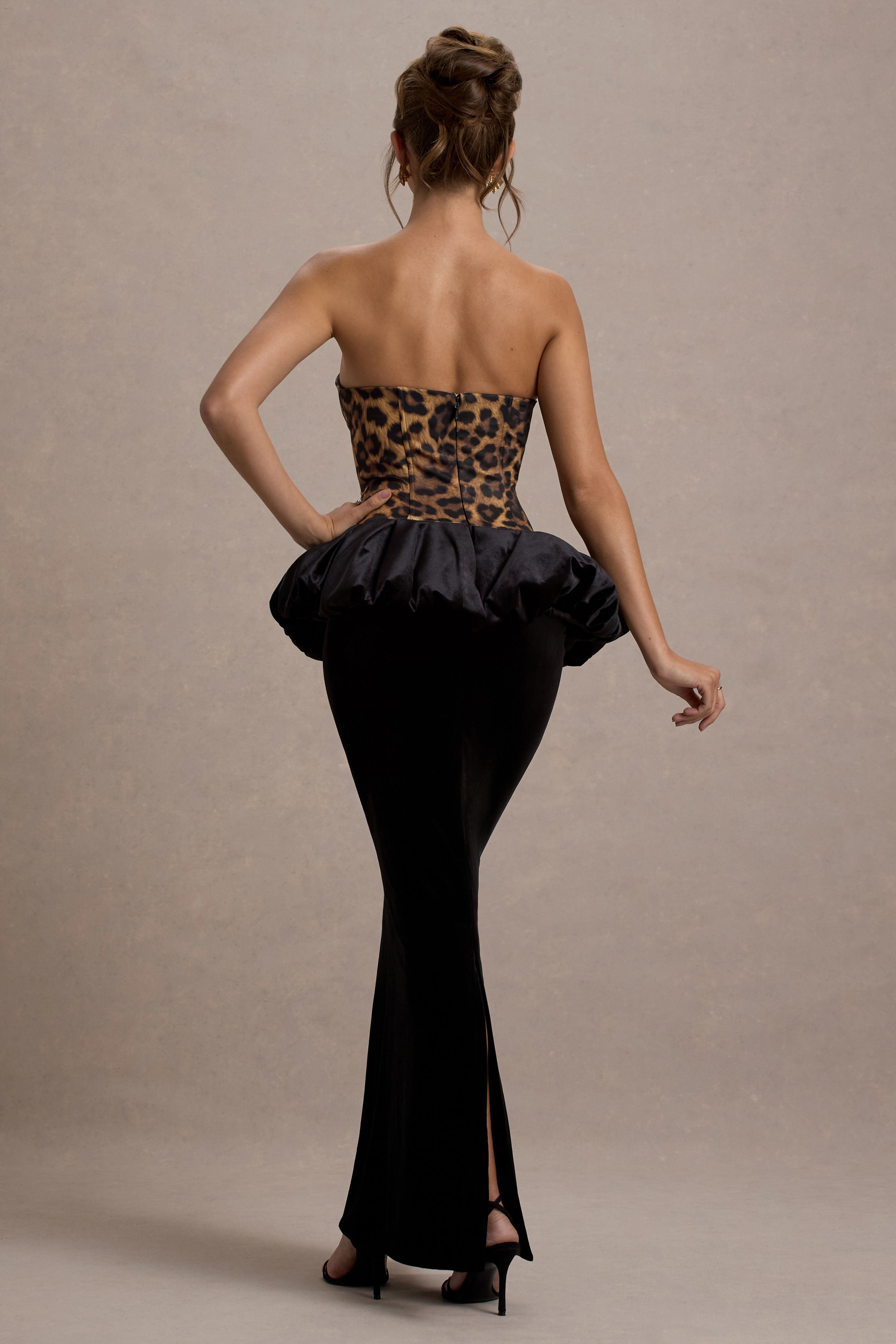 Harriette Leopard Print Bandeau Maxi Dress With Black Velvet Peplum Skirt