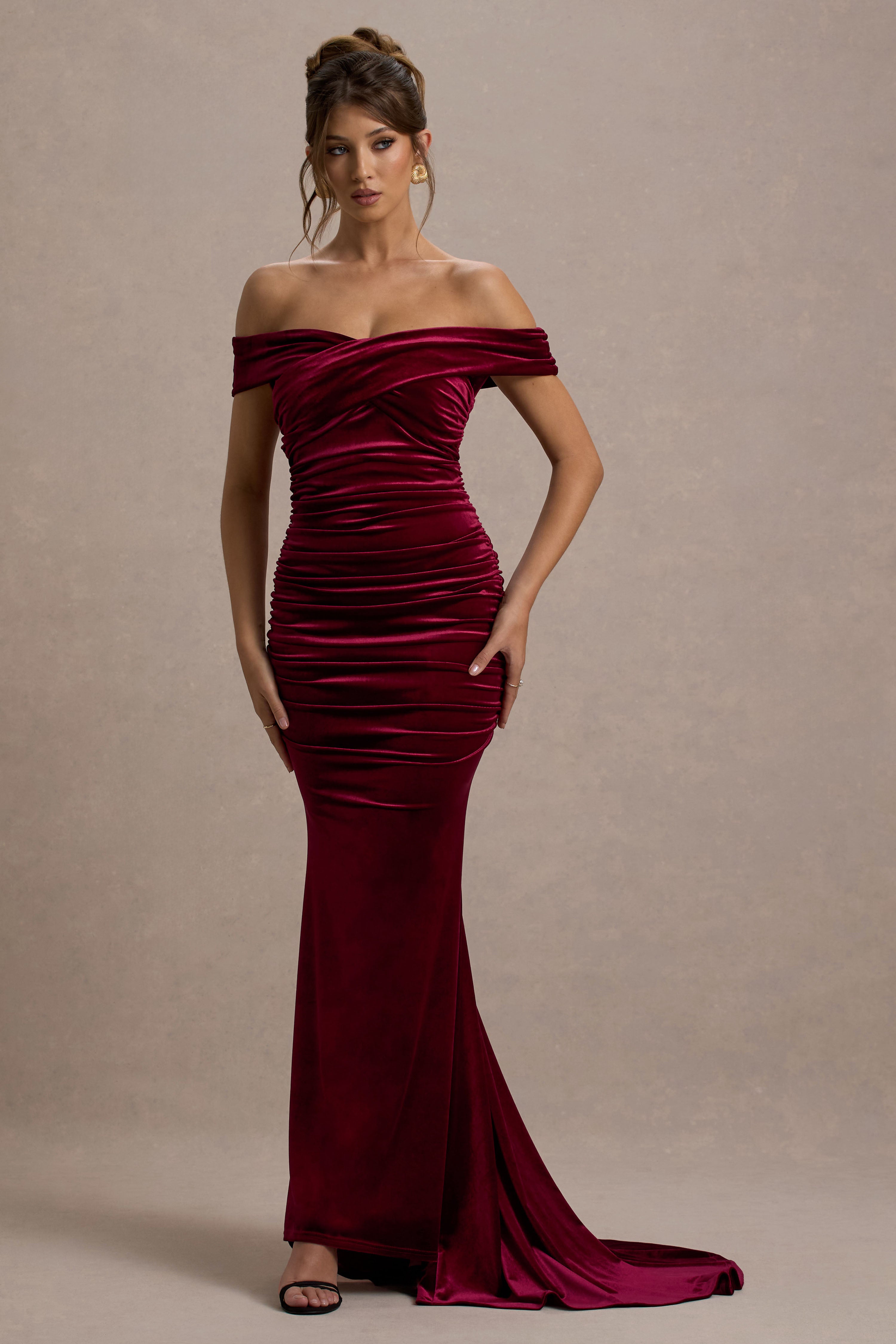 Apolline Berry Velvet Off The Shoulder Ruched Fishtail Maxi Dress