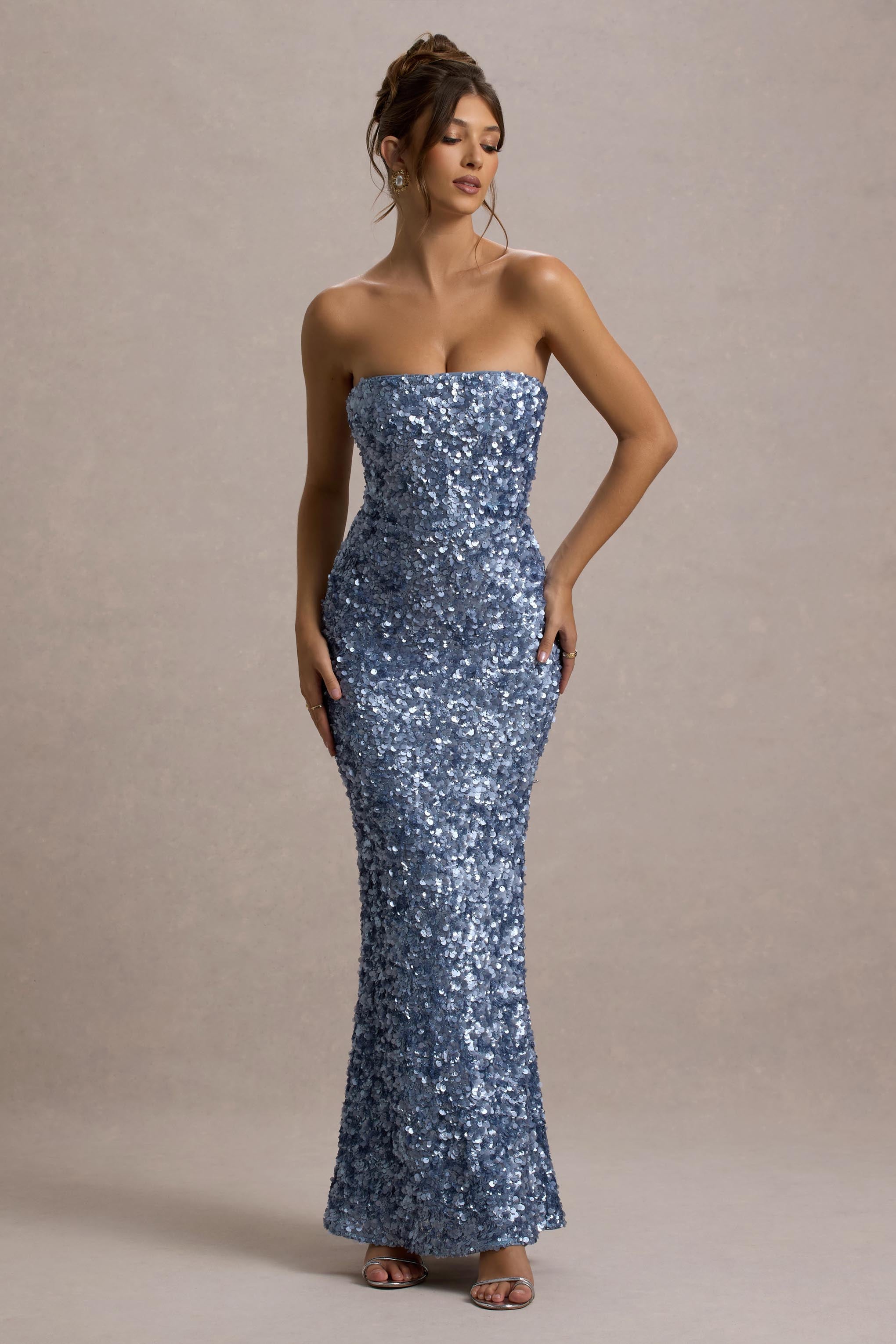 Evabeth Powder Blue Sequin Strapless Maxi Dress