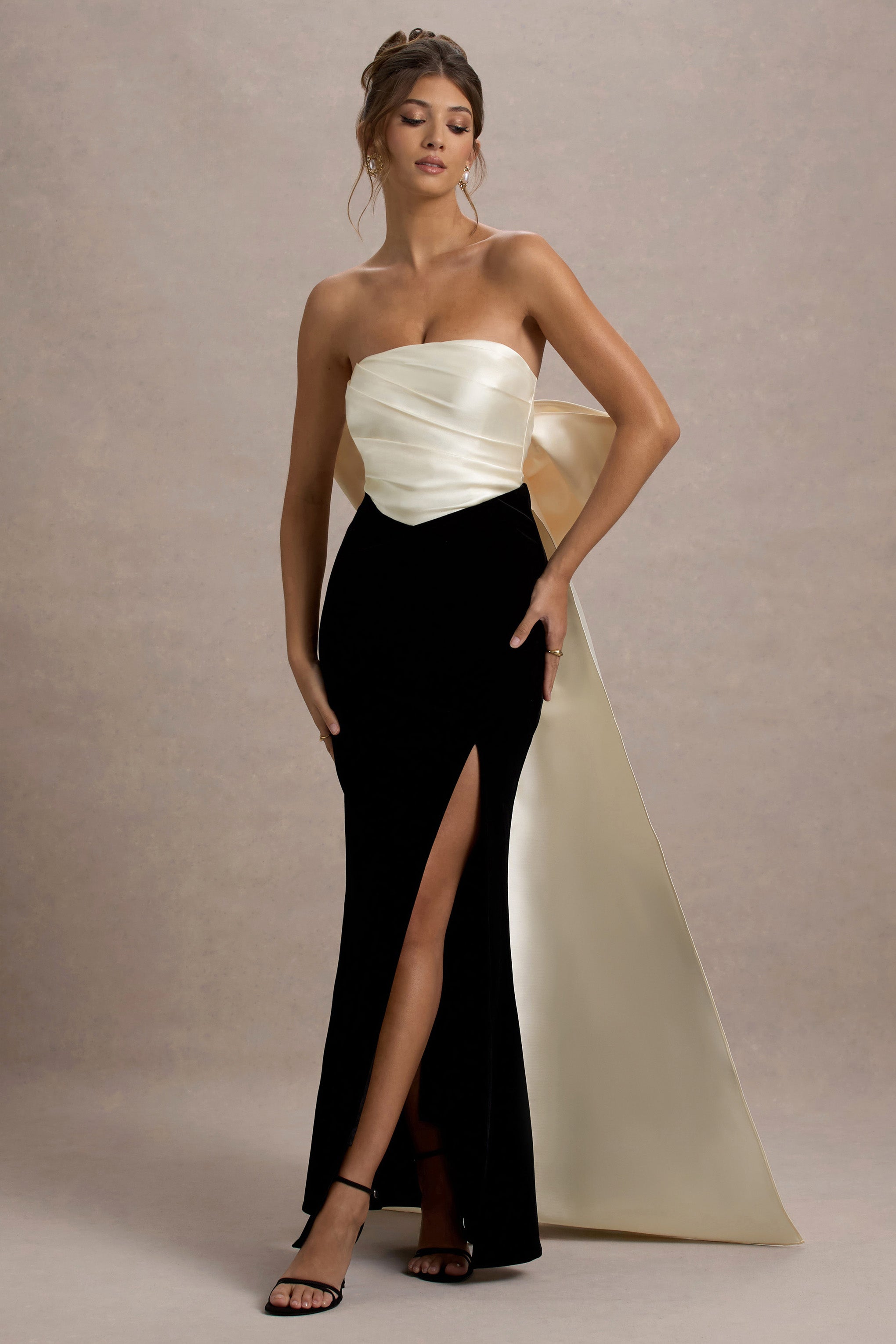 Take A Bow Black & Cream Velvet Strapless Maxi Dress With Oversized Bow