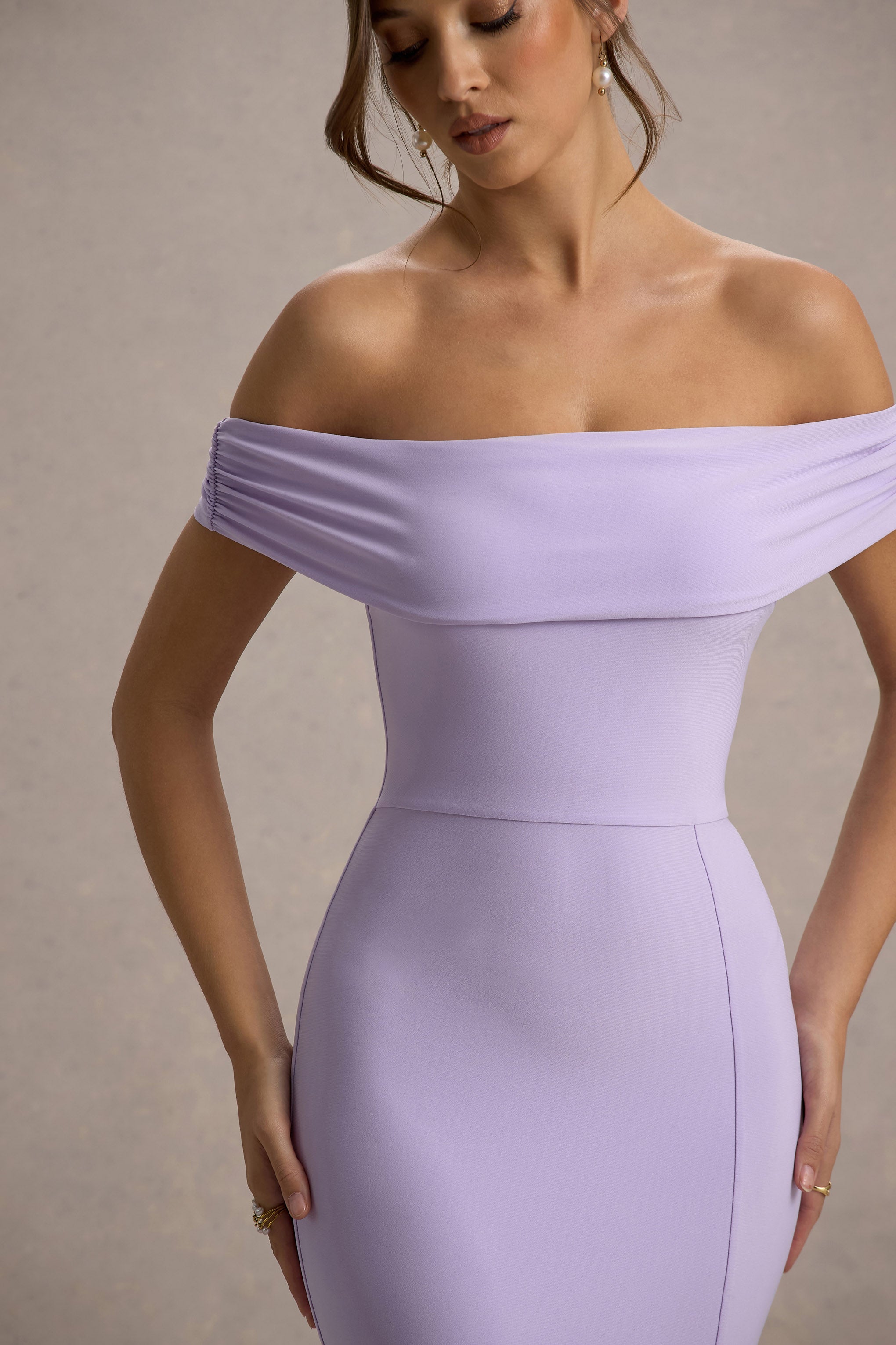 Law of Attraction Lilac Bardot Draped Split Maxi Dress
