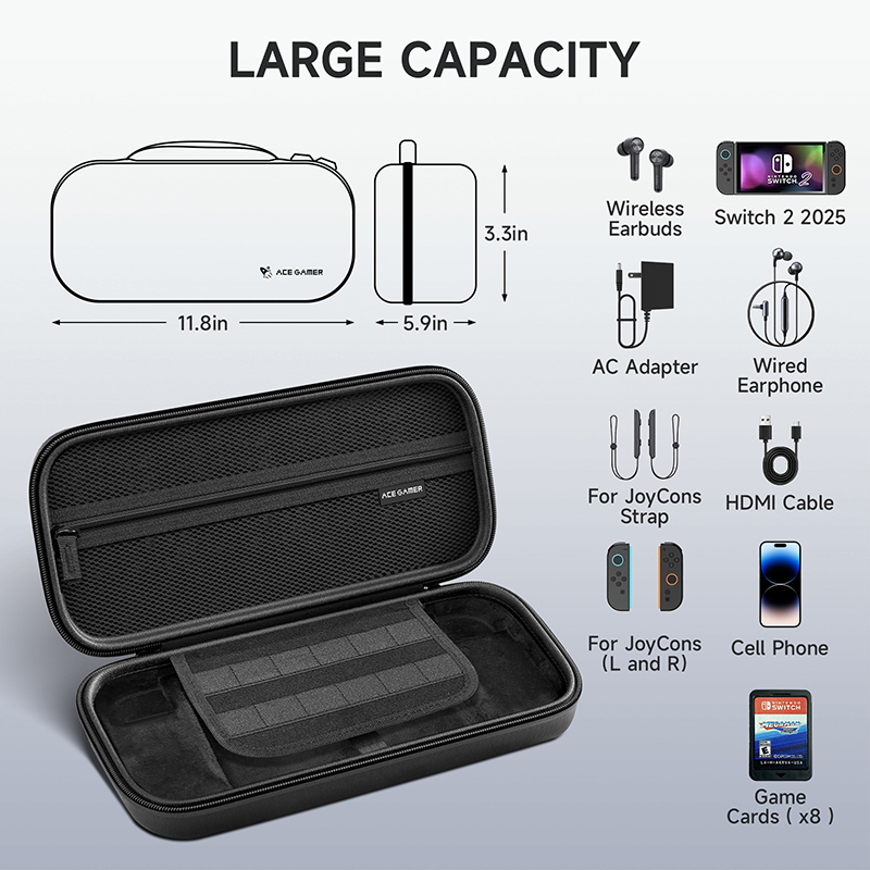 AceGamer Switch 2 Carrying Case – Shockproof Travel Shell with Screen Protectors & Game Card Holder