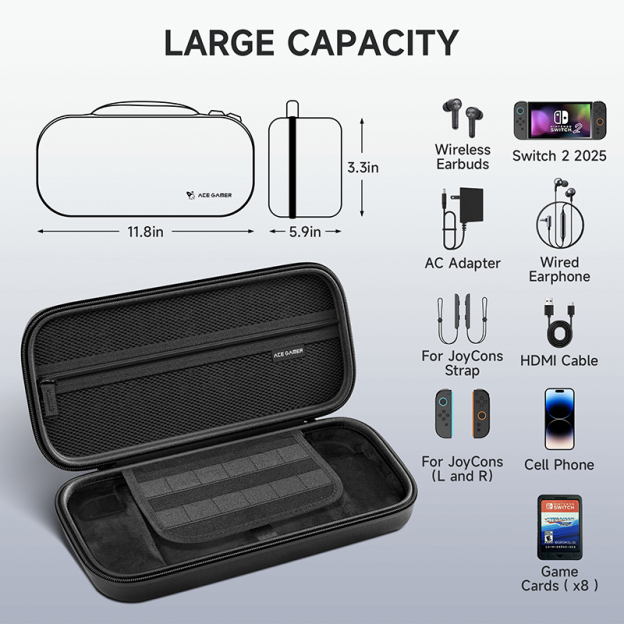 AceGamer Switch 2 Carrying Case – Shockproof Travel Shell with Screen Protectors & Game Card Holder
