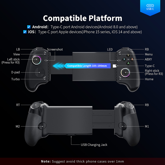 AceGamer C16 Mobile Gaming Controller For Android and iPhone 15 With Hall Effect sticks and Mechanical buttons