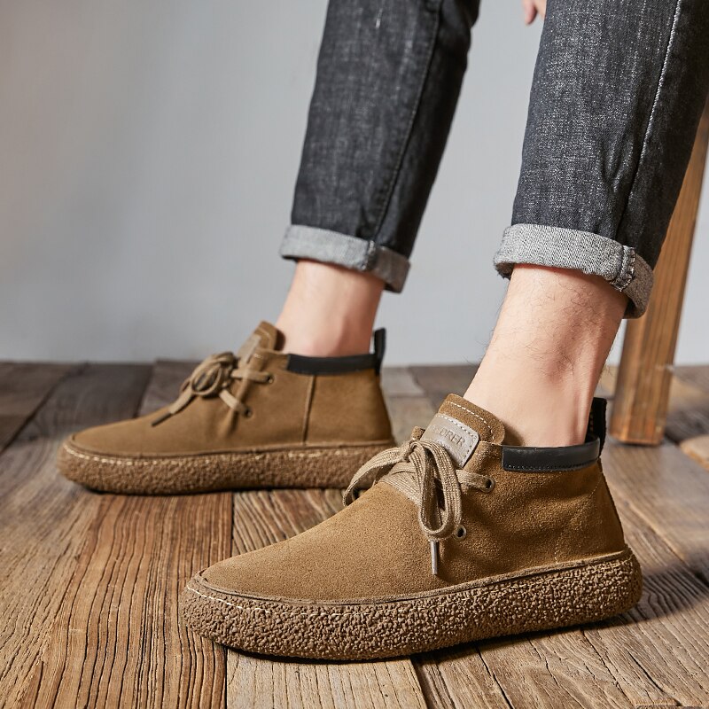 Men's Lace Up Mid Top Reversed Suede Casual Shoes Men Grey/Brown Comfort Sole Sneakers Casual Shoes
