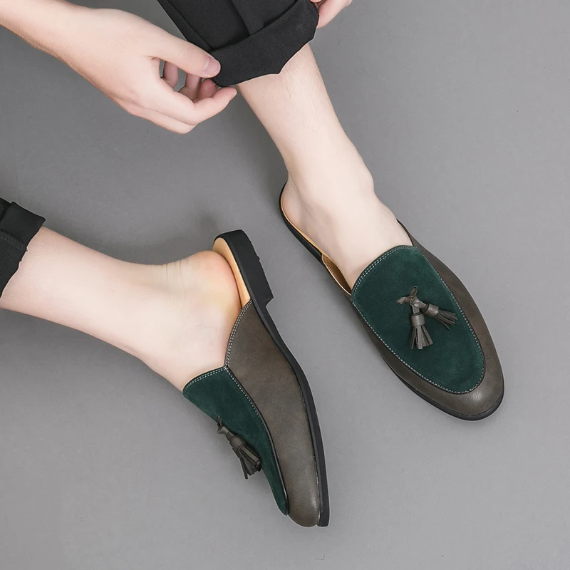 Men's casual small leather shoes summer breathable toe wrap English semi-slippers sandals men's summer toe toe semi-slippers