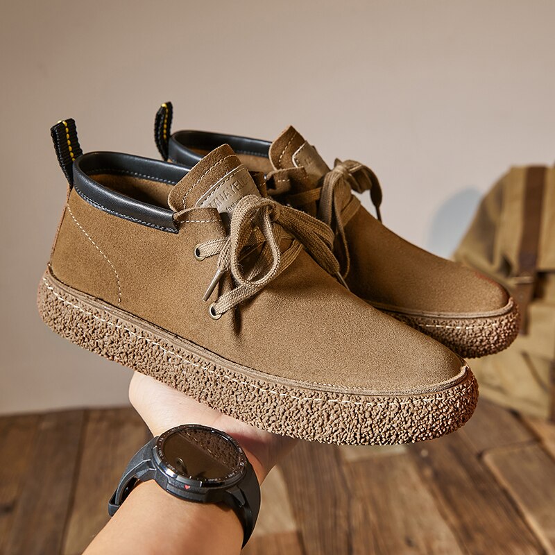 Men's Lace Up Mid Top Reversed Suede Casual Shoes Men Grey/Brown Comfort Sole Sneakers Casual Shoes