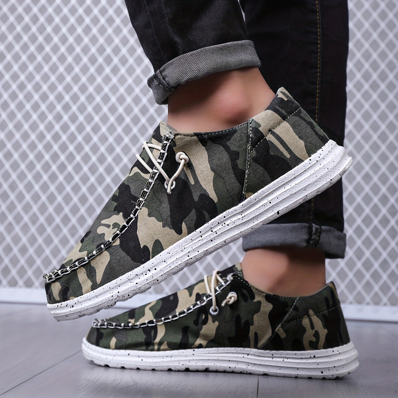 Men's Camouflage Loafer Shoes With Decorative Shoelaces, Comfy Non-slip Slip On Breathable Shoes Sneakers, Spring And Summer