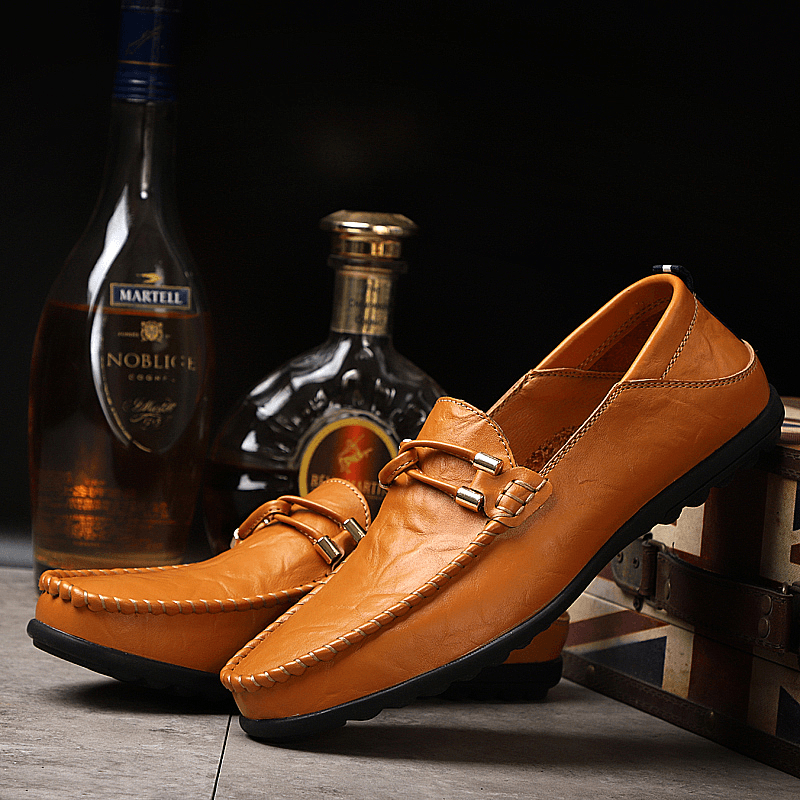 Men Cowhide Leather Breathable Soft Bottom Comfy Slip on Casual Business Shoes