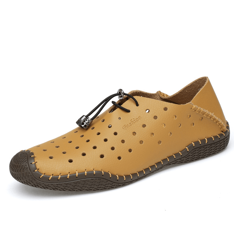 Men Leather Hand Stitching Breathable Hollow Out Soft Comfy Driving Casual Shoes