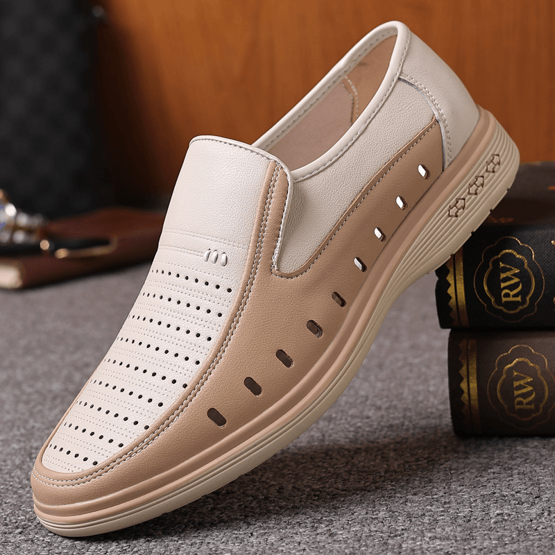 Breathable Cowhide Leather Slip-On Casual Shoes for Men with Hollow Out Design