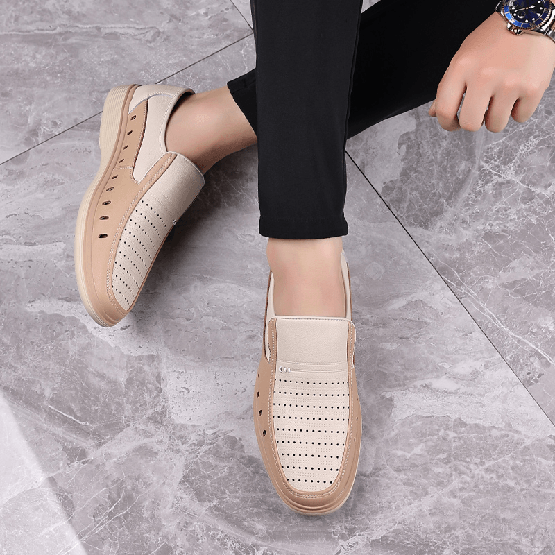 Breathable Cowhide Leather Slip-On Casual Shoes for Men with Hollow Out Design